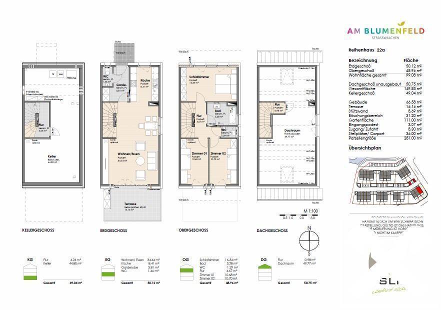 Grundriss eines Reihenhauses über vier Etagen mit offenem Wohnbereich, Terrasse und mehreren Zimmern.