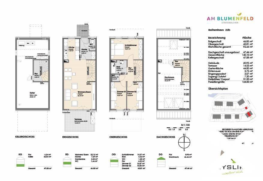 Grundriss eines Reihenhauses mit Keller, offenem Wohnbereich, drei Schlafzimmern, zwei WCs, Bad, Terrasse und Garten.