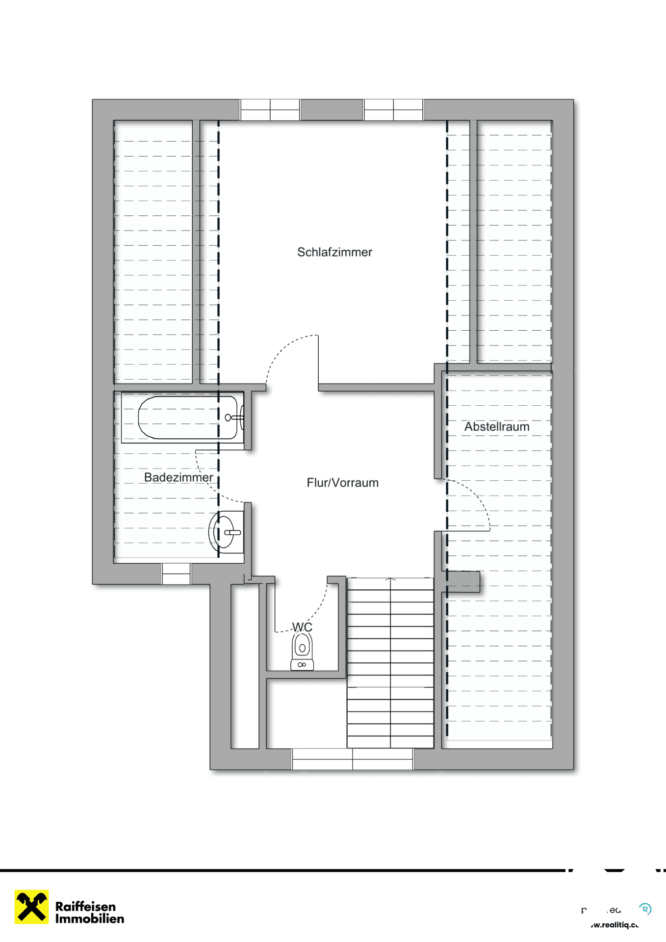 Grundriss des Obergeschosses mit Schlafzimmer, Bad, WC und Abstellraum unter Dachschrägen.