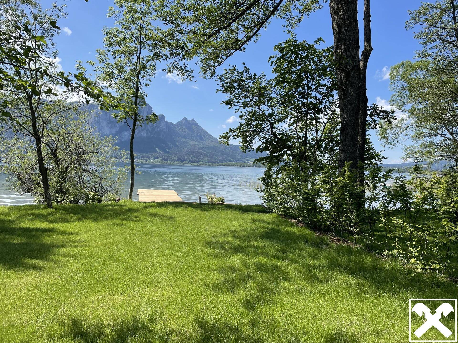 Grüne Rasenfläche mit Bäumen und direktem Zugang zum See mit Bergblick an einem sonnigen Tag.