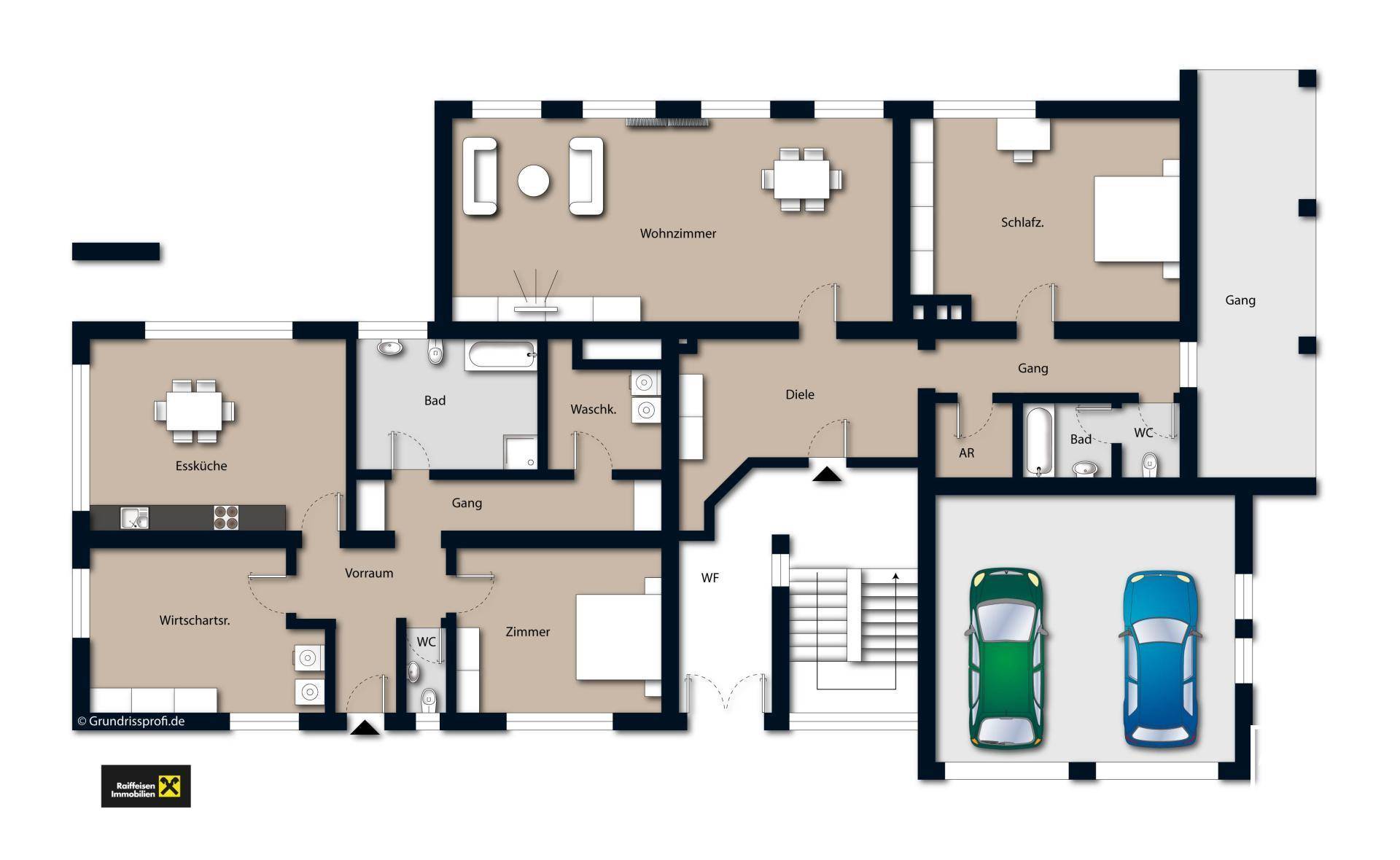 Grundriss des Erdgeschosses mit Wohnzimmer, Schlafzimmer, Küche und Garage.