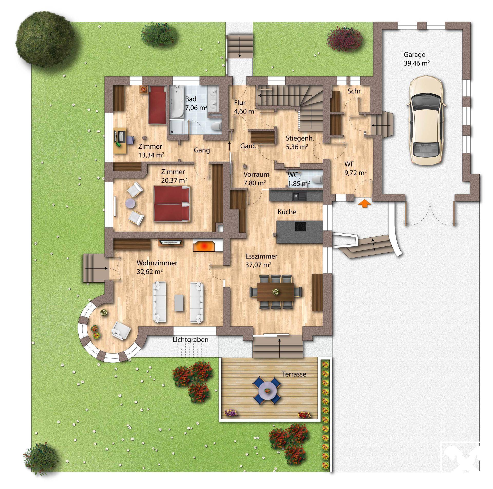 Detaillierter Grundriss des Hauses mit Wohnzimmer, Esszimmer, Küche, Schlafzimmern und Garage.