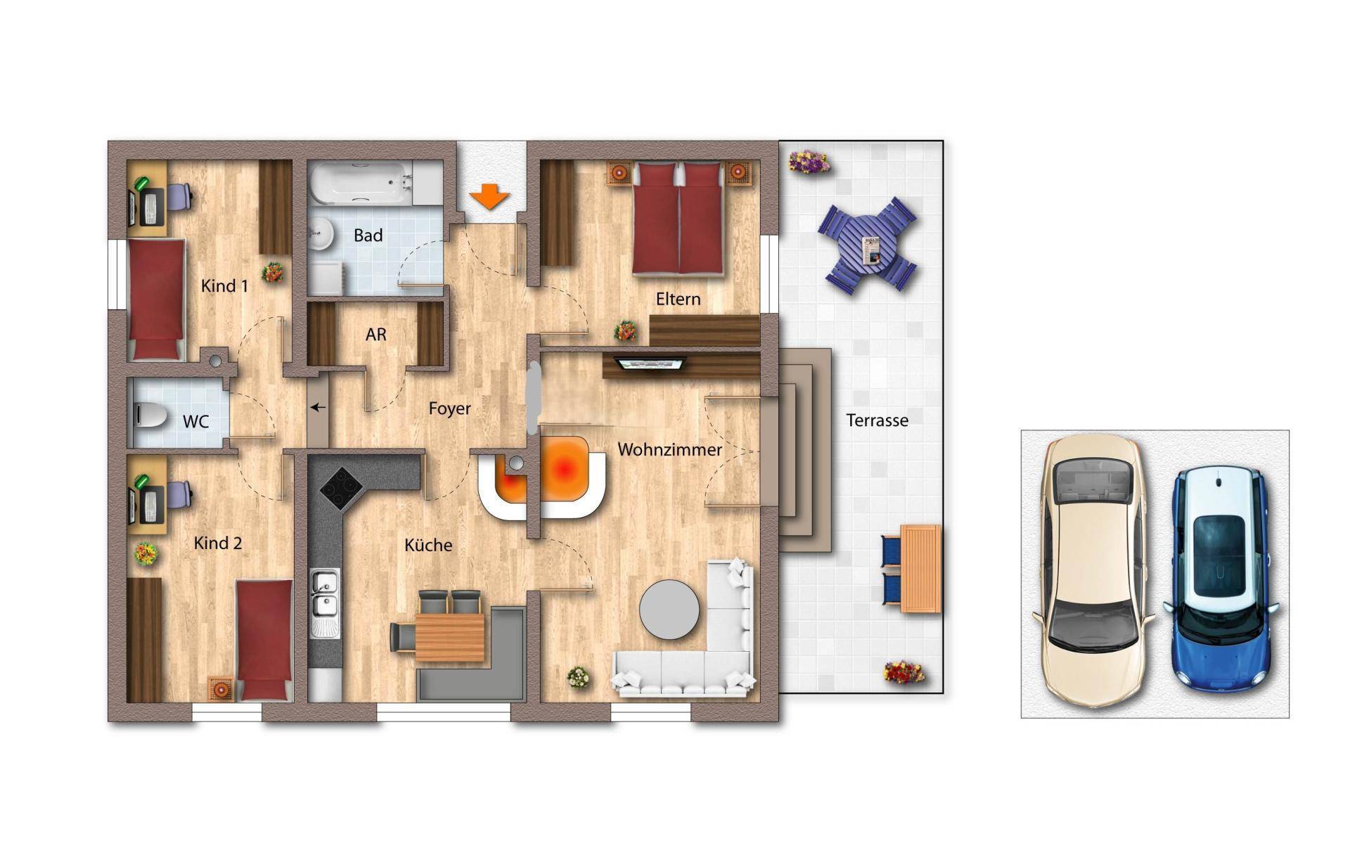 Grundriss der Wohnung mit offenem Wohnbereich, zwei Schlafzimmern und Terrasse.