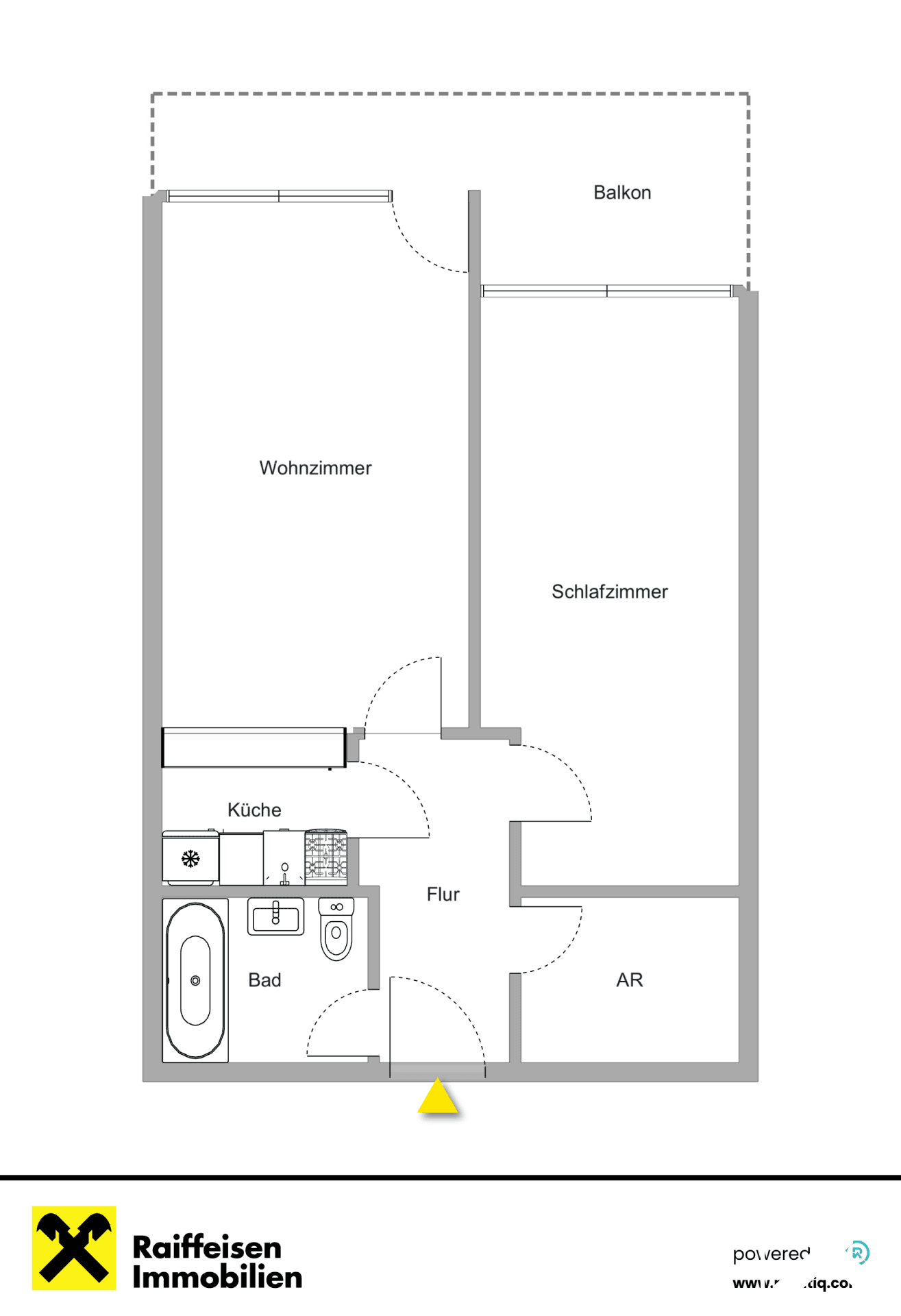 Grundriss einer Wohnung mit Wohnzimmer, Schlafzimmer, Küche, Bad, Flur und Balkon.