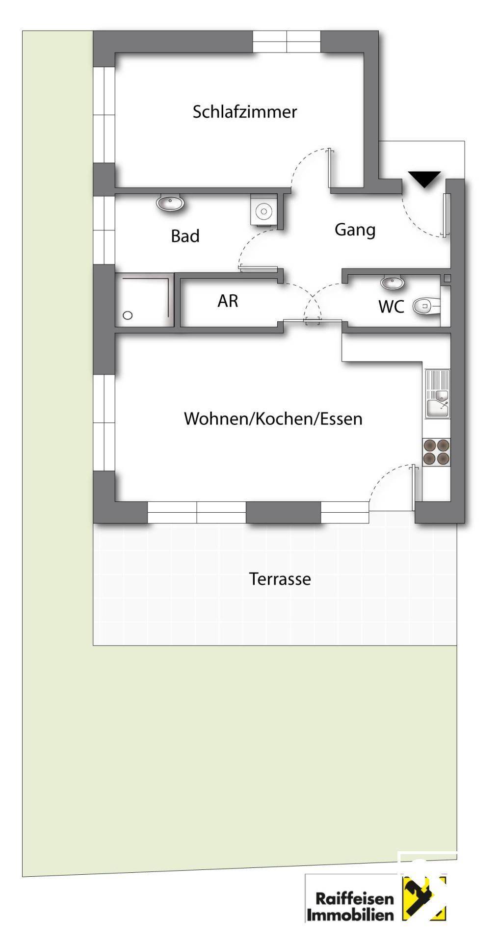 Grundrissplan einer Wohnung mit Schlafzimmer, offenem Wohnbereich und Terrasse.