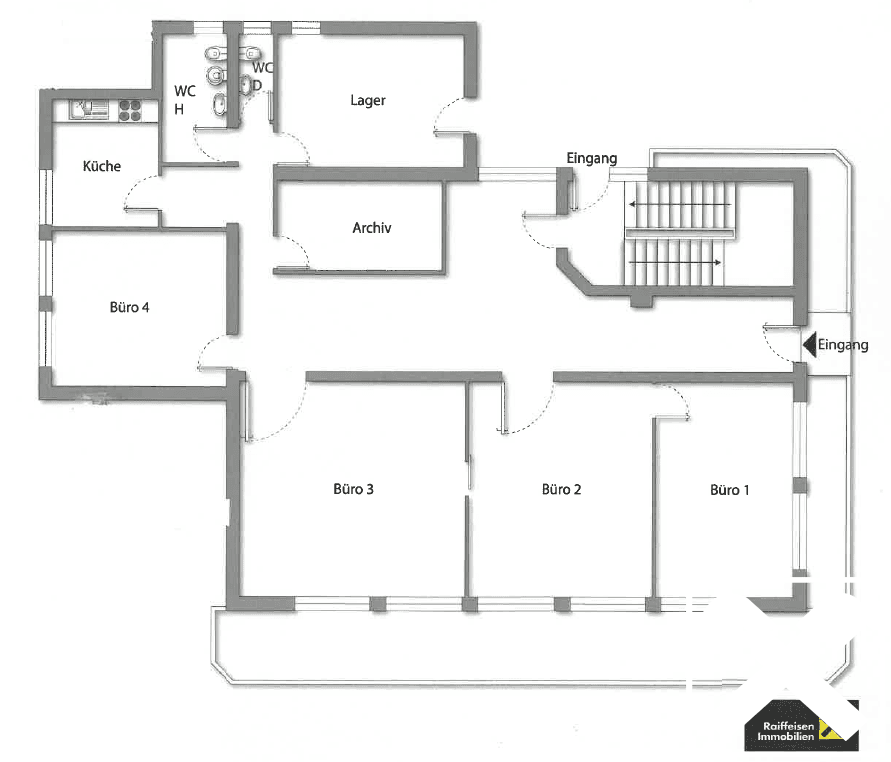 Grundrissplan mit mehreren Büroräumen, Küche, Lager, Archiv und zwei Toilettenbereichen.