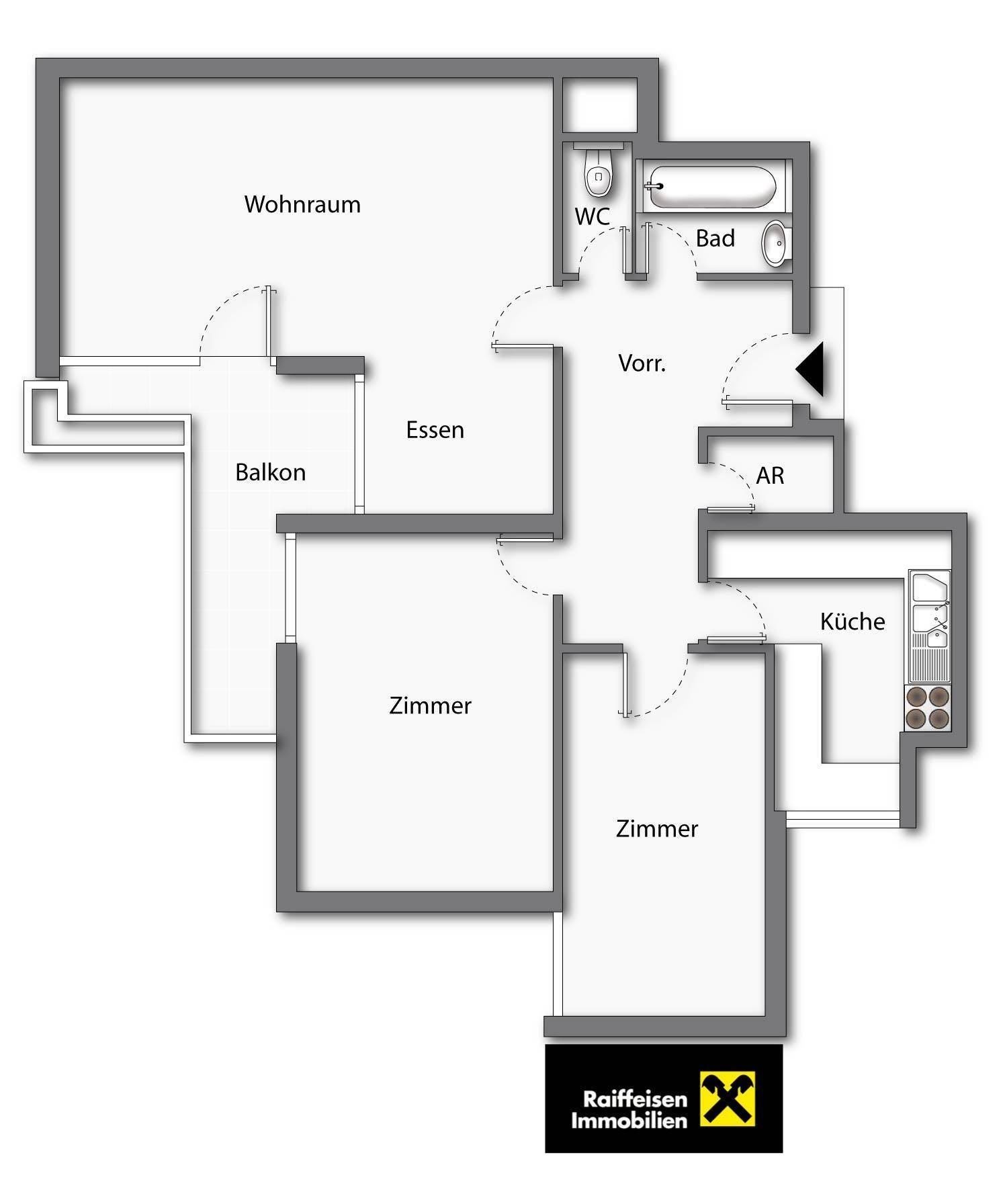 Grundriss einer Wohnung mit Wohnraum, zwei Zimmern, Küche, Bad und Balkon.
