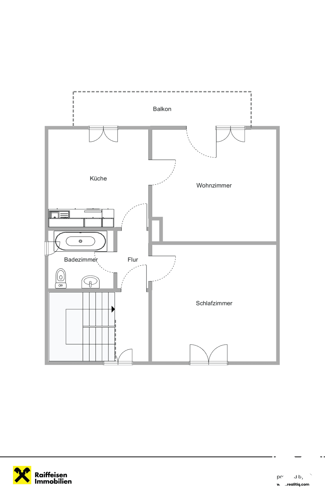 Grundriss des Obergeschosses mit Küche, Wohnzimmer, Schlafzimmer, Bad und Balkon.