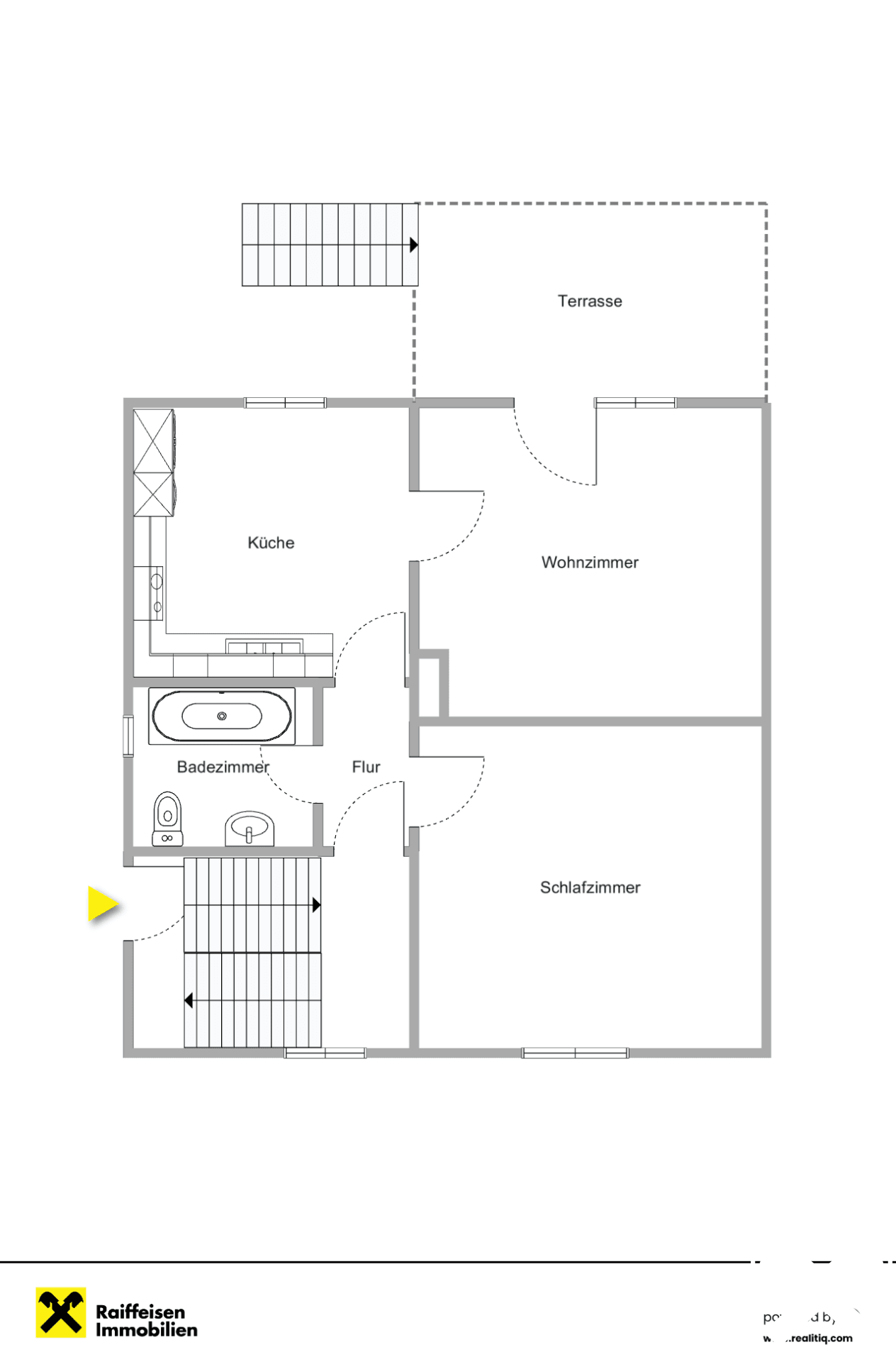 Grundriss des Erdgeschosses mit Küche, Wohnzimmer, Schlafzimmer, Bad und Terrasse.
