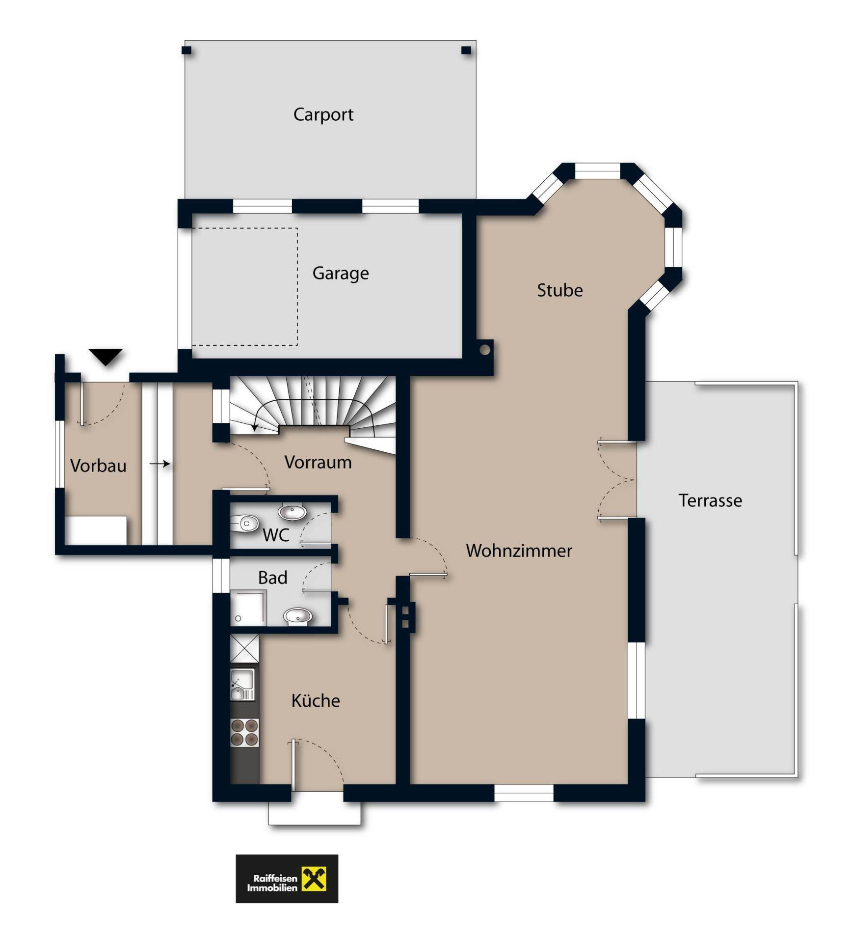 Grundriss des Erdgeschosses mit Küche, Wohnzimmer, Bad, WC, Garage und Terrasse.