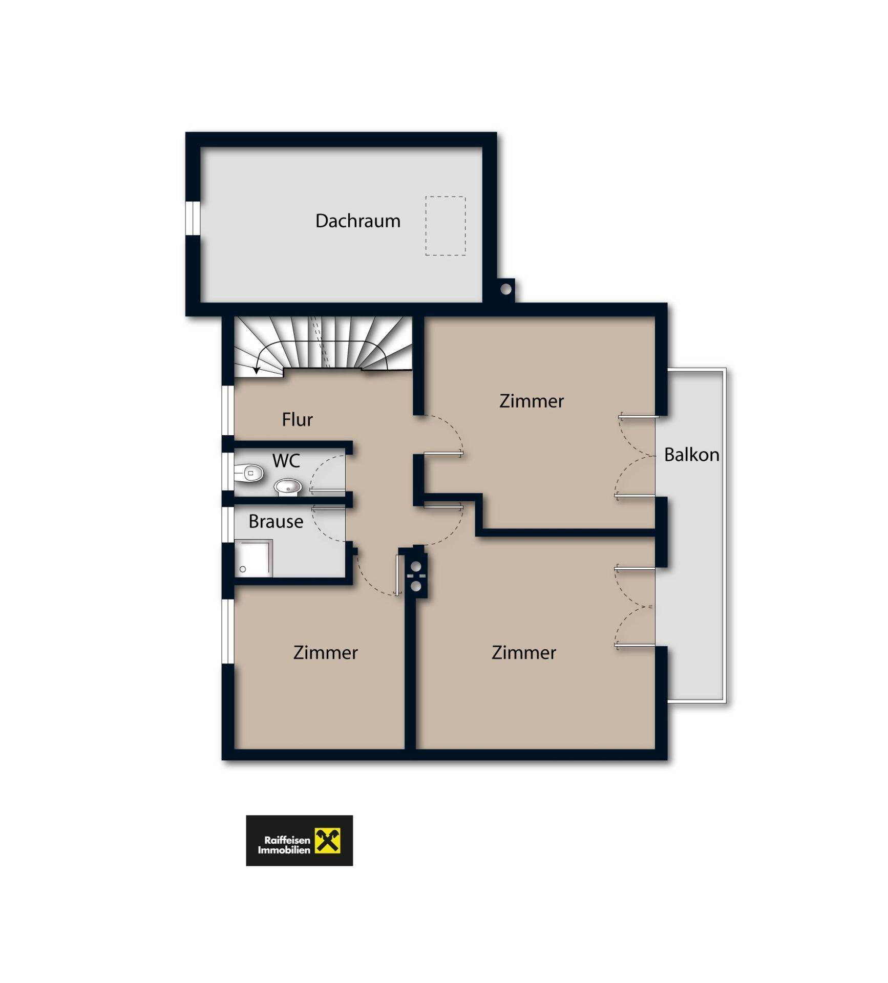 Grundriss des Obergeschosses mit drei Zimmern, Bad, WC und Balkon.