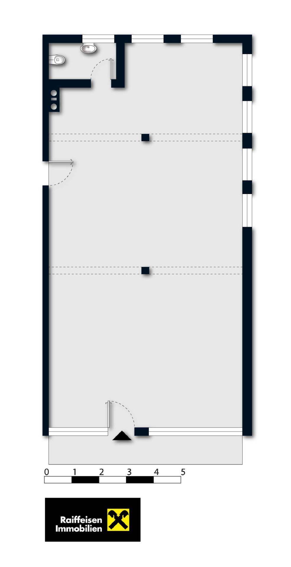 Grundrissplan einer länglichen Gewerbefläche mit integriertem Sanitärbereich und klarem Layout.