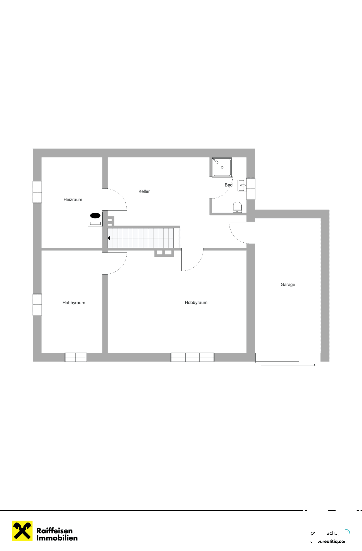 Grundriss des Kellergeschosses mit Hobbyräumen, Heizraum, Bad und Garage.