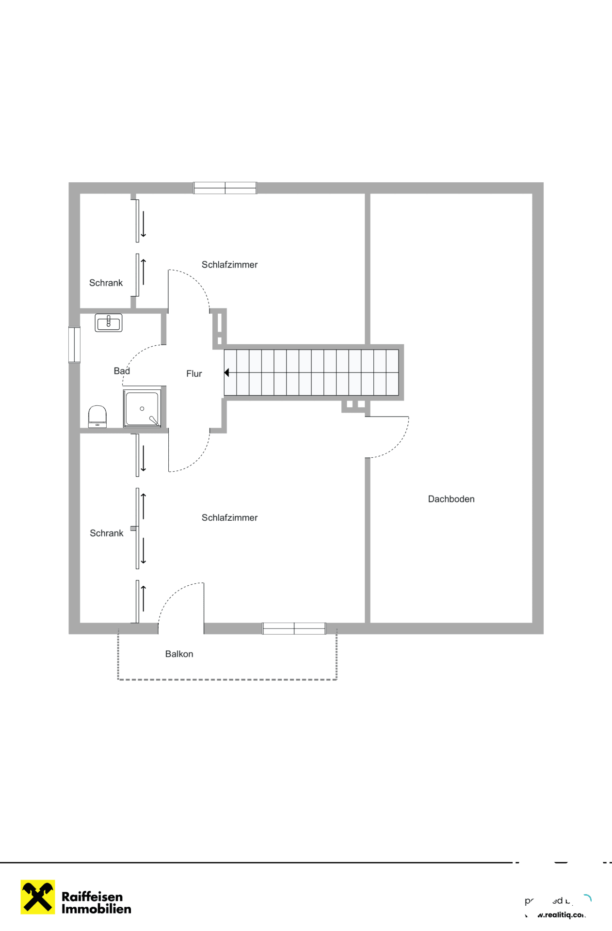 Grundriss des Obergeschosses mit zwei Schlafzimmern, Bad, Balkon und Dachschrägen.