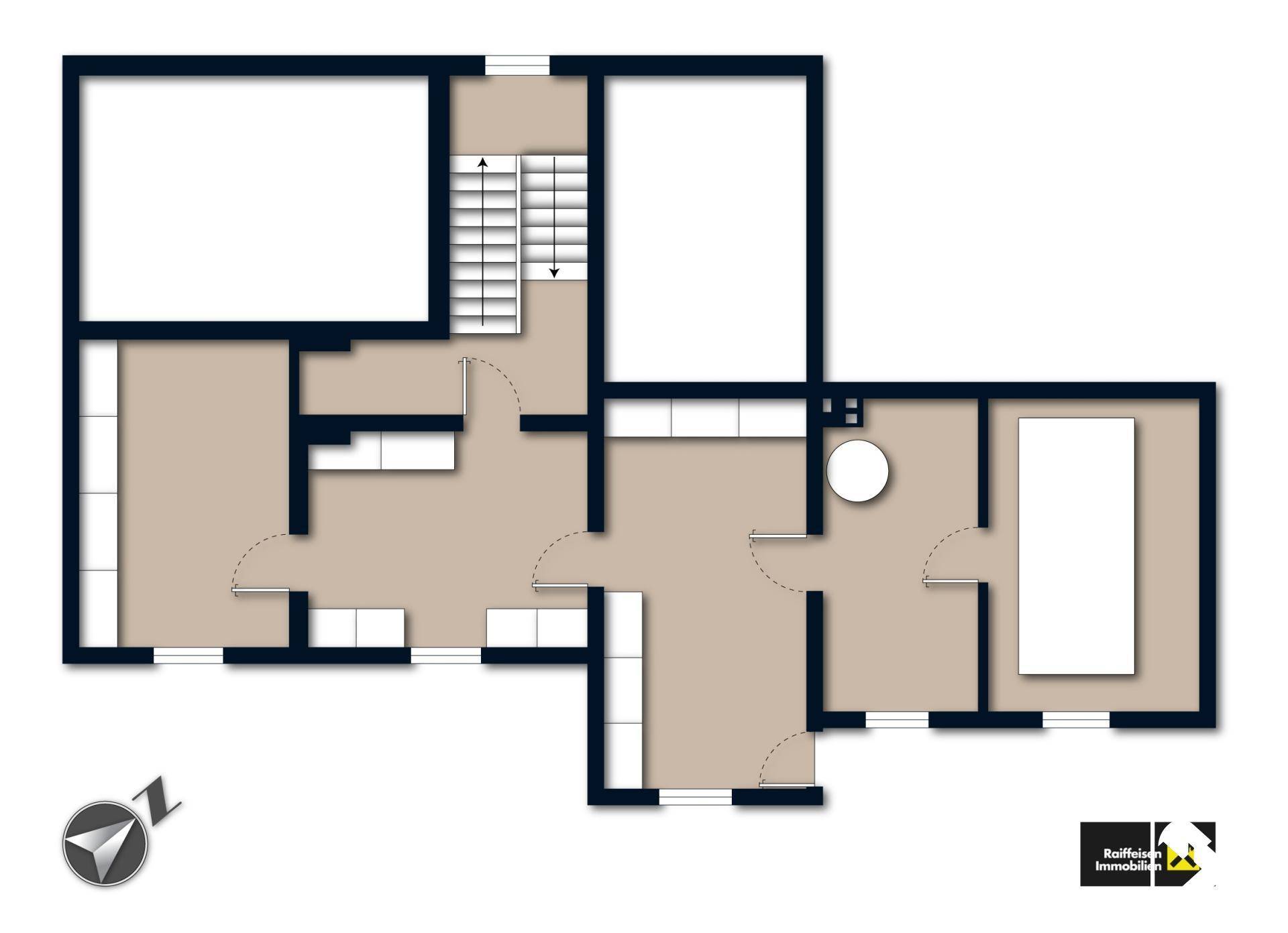 Grundriss des Obergeschosses mit Treppenhaus, WC und Zugang zu Balkon und Terrasse.