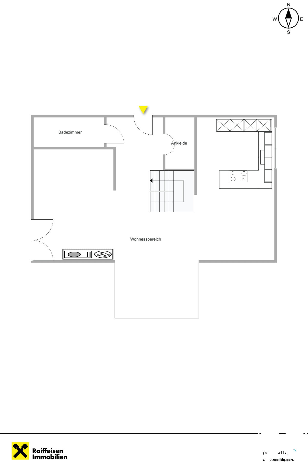 Grundriss des Erdgeschosses mit Wohnbereich, Küche und Badezimmer.