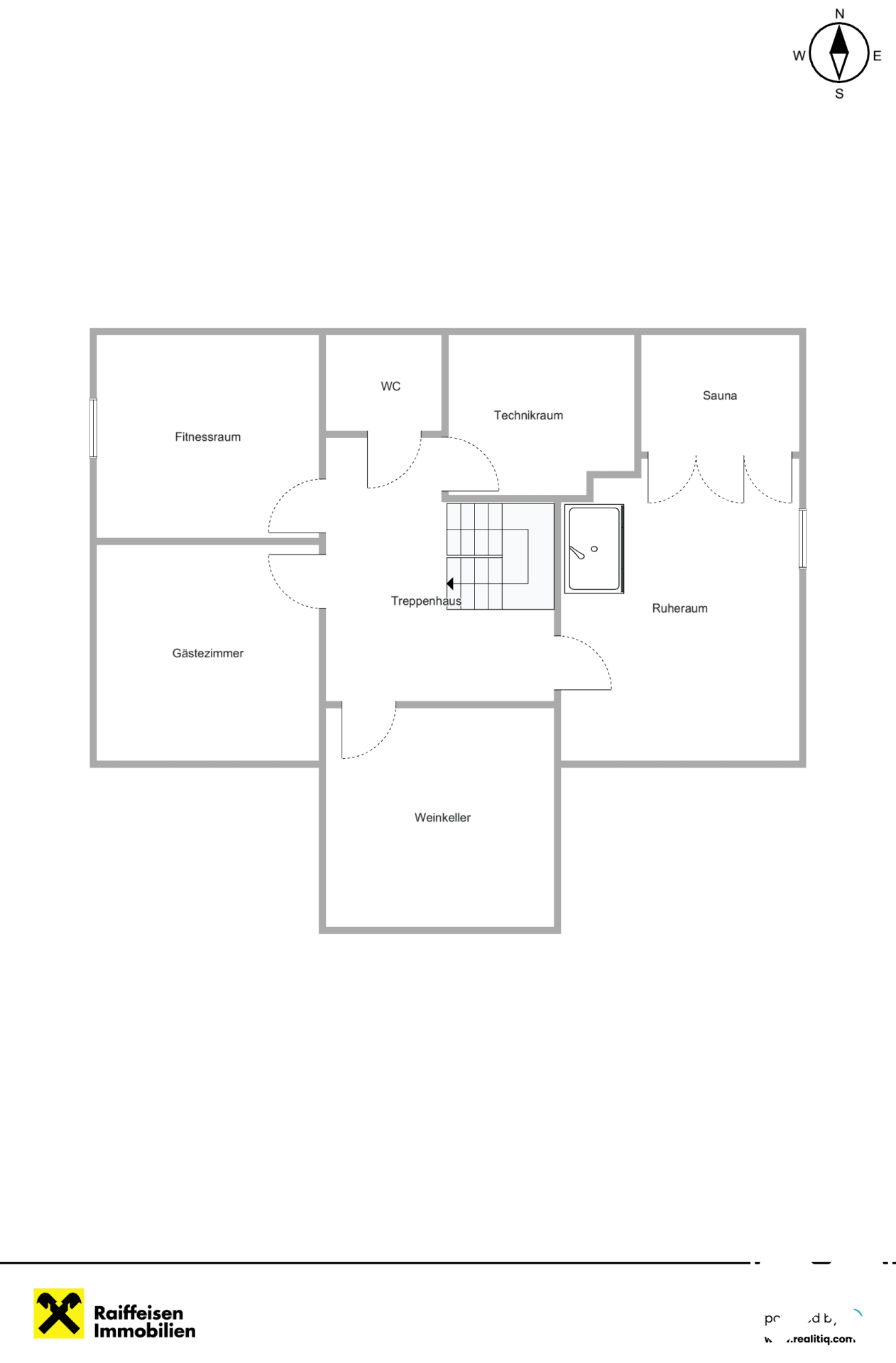Grundriss des Untergeschosses mit Fitnessraum, Weinkeller und Sauna.