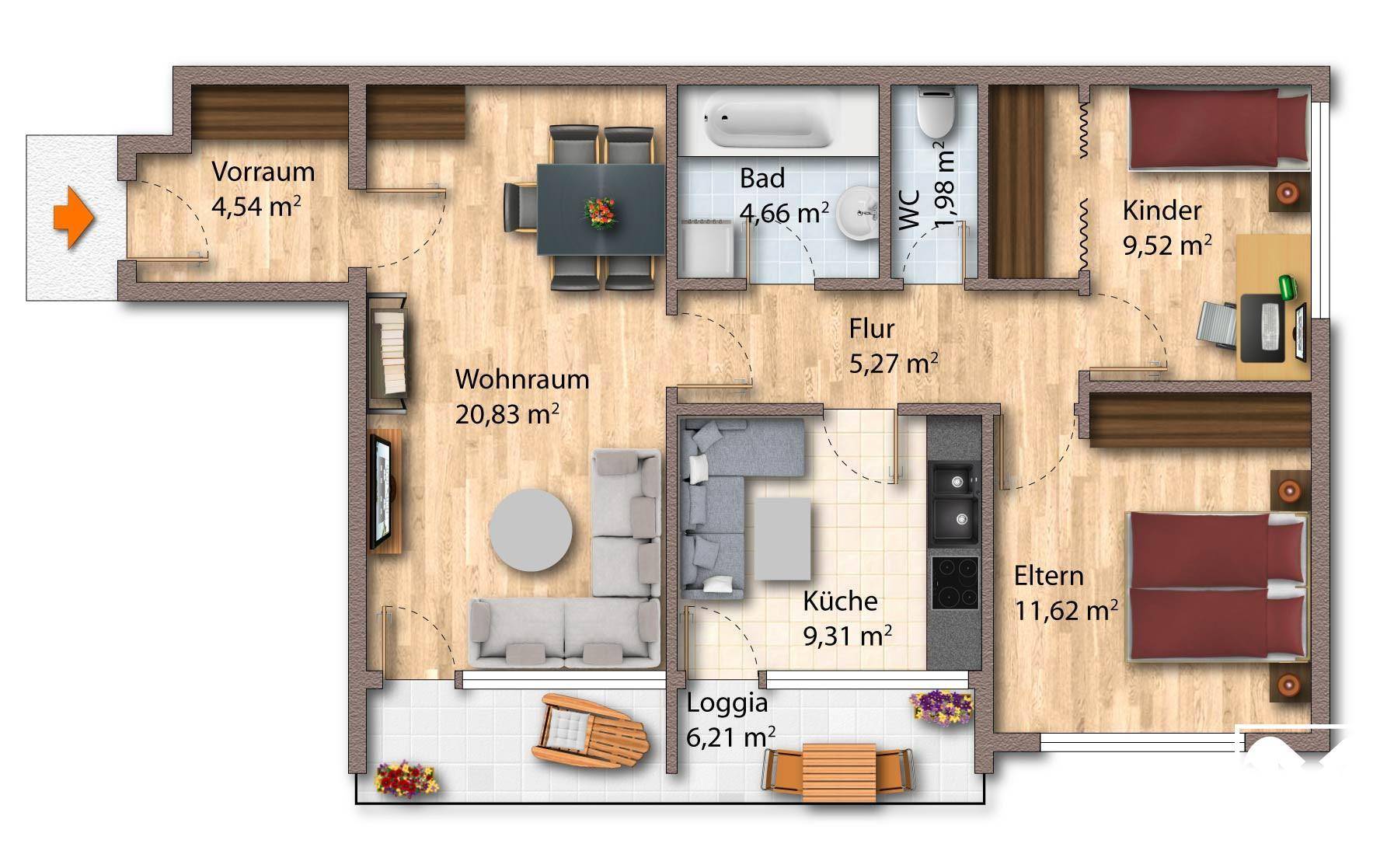 Detaillierter Grundriss einer Wohnung mit Wohnzimmer, Küche, zwei Schlafzimmern und Loggia.