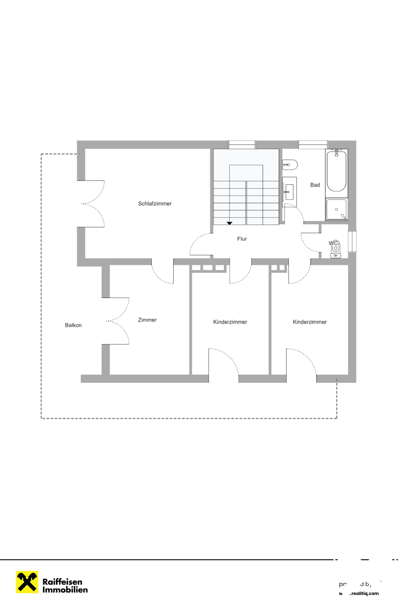 Grundriss des Obergeschosses mit Schlafzimmern, Bad und Balkon.