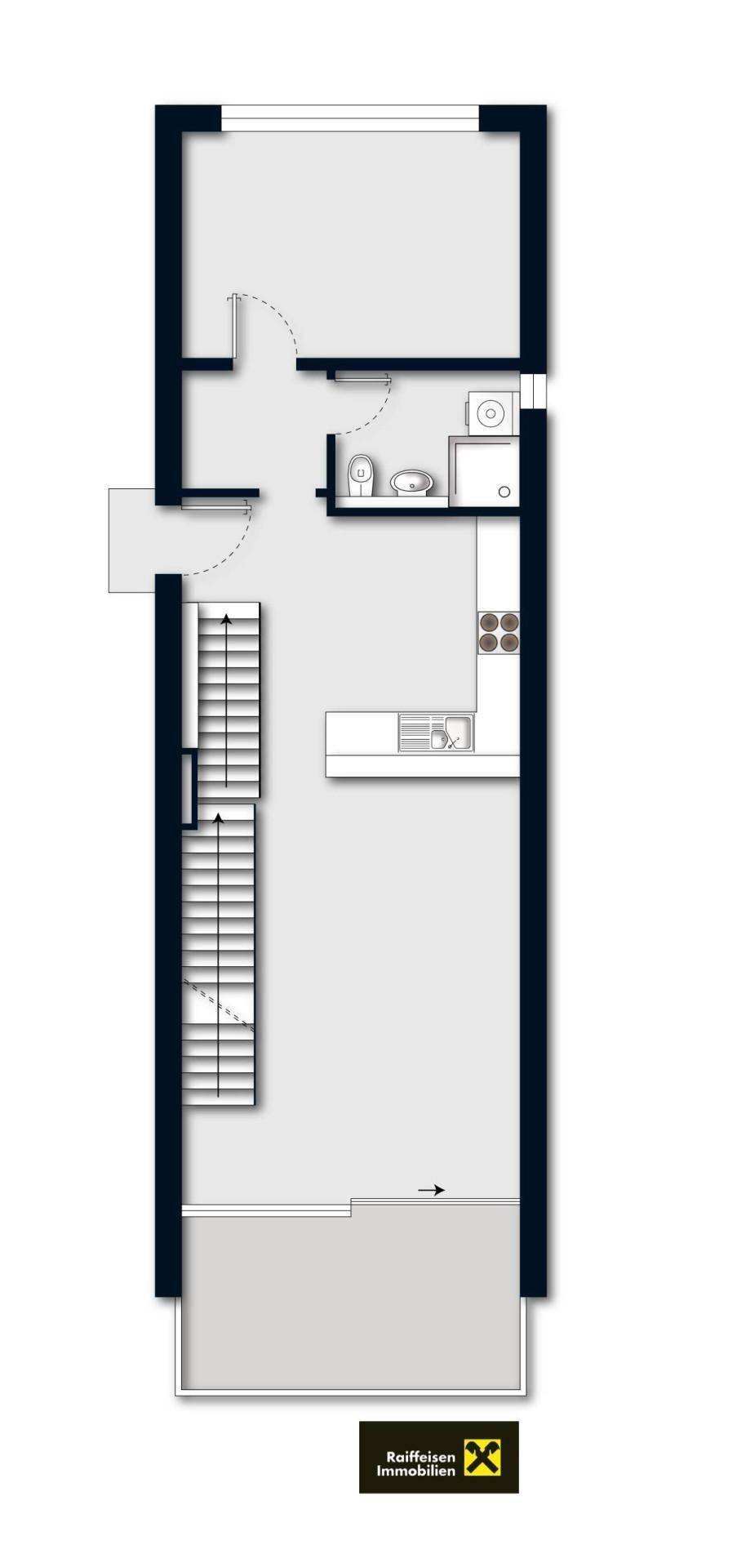 Grundriss des Erdgeschosses mit offener Küche, Essbereich und Zugang zur Terrasse.