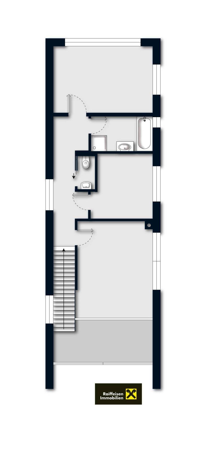 Grundriss des Obergeschosses mit Schlafzimmern, Badezimmer und Treppenaufgang.