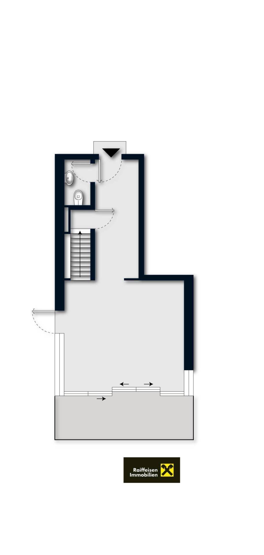 Grundriss des Dachgeschosses mit offenem Bereich und Zugang zu einem Balkon.