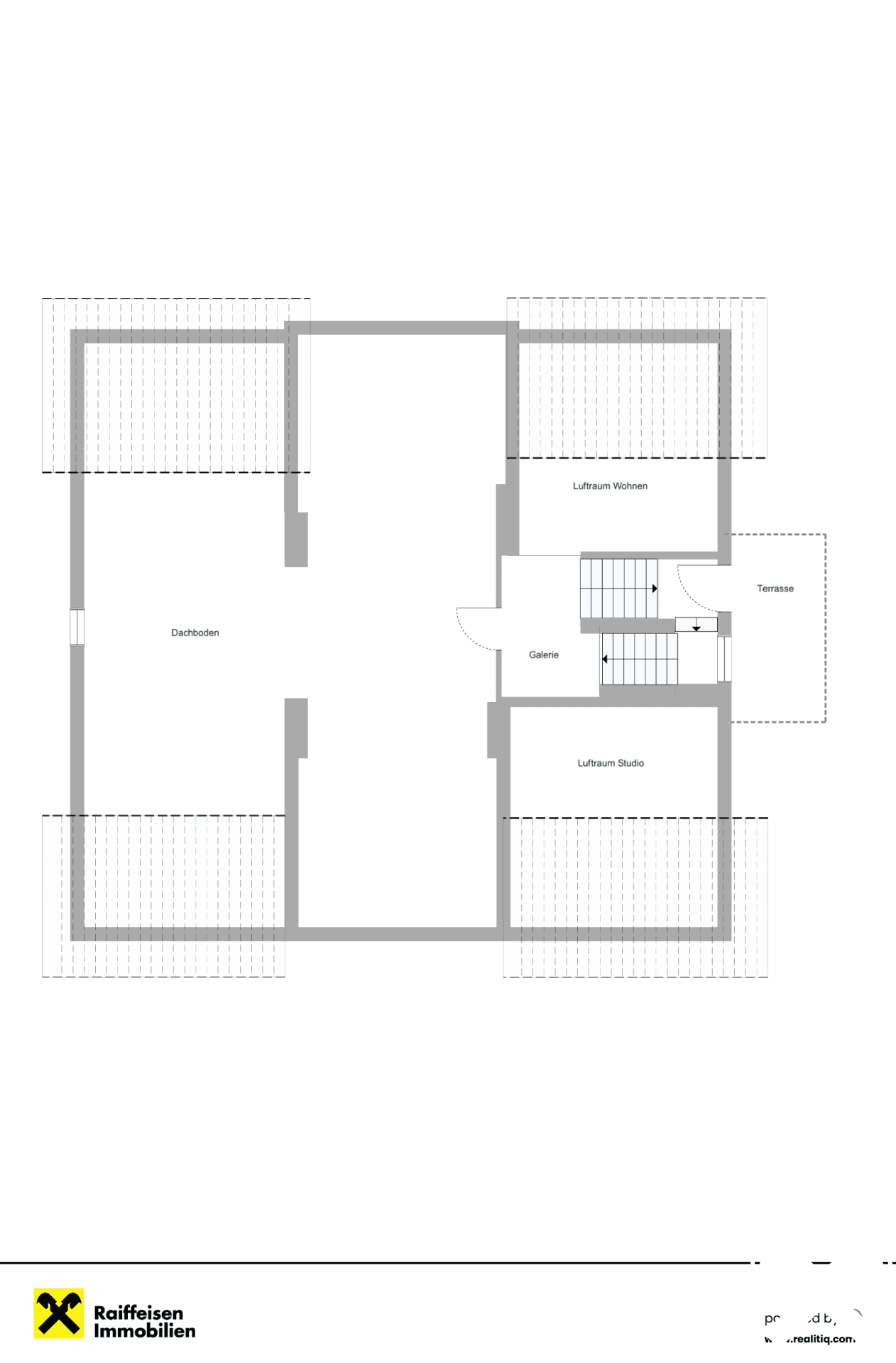Grundriss des Dachgeschosses mit offenem Wohn- und Studiobereich, Galerie und Dachterrasse.