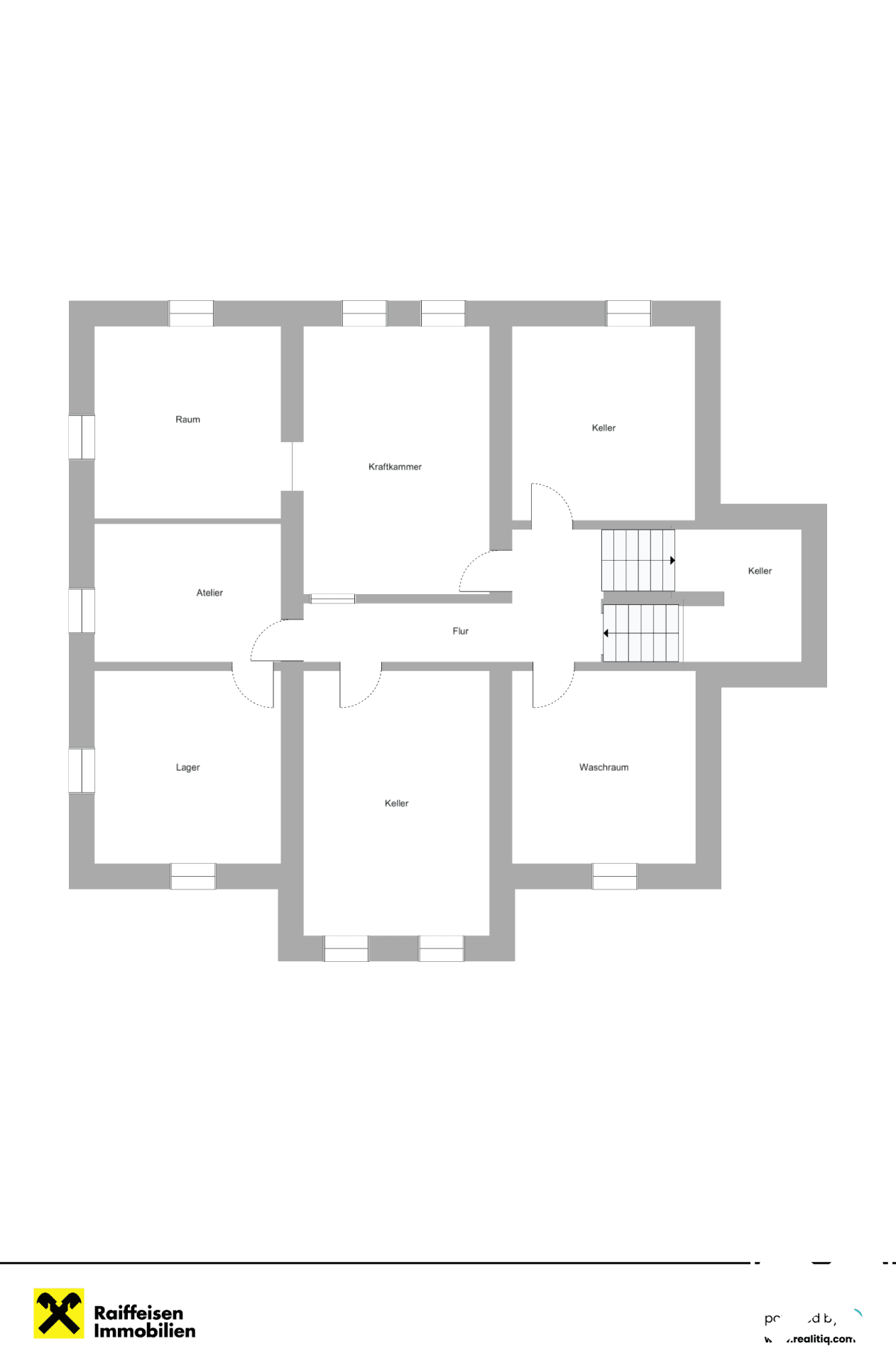 Grundriss des Kellergeschosses mit verschiedenen Kellerräumen, Kraftkammer, Atelier und Waschraum.