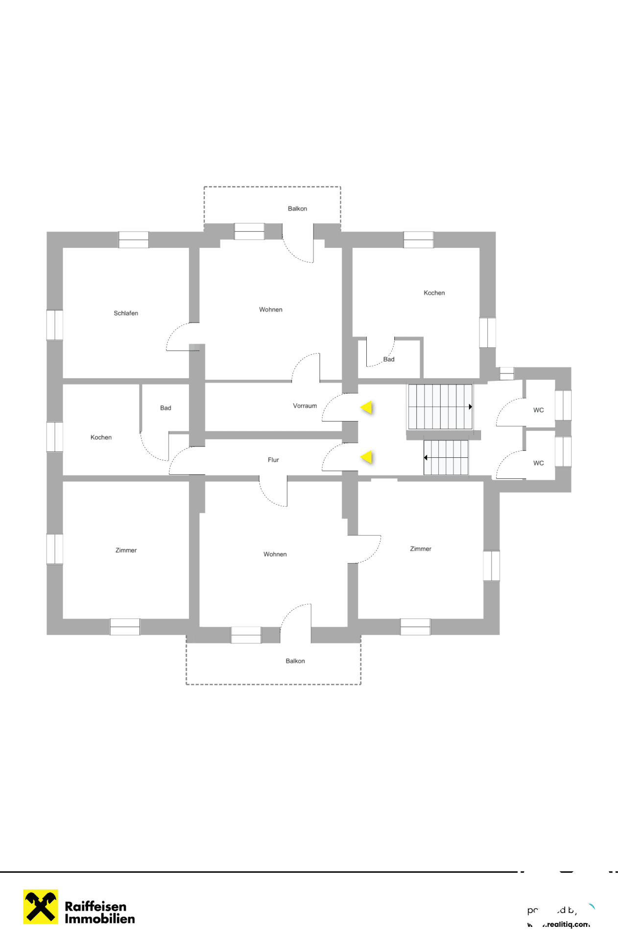 Grundriss des Obergeschosses mit Schlafzimmern, Wohnbereichen, Küche und zwei Balkonen.