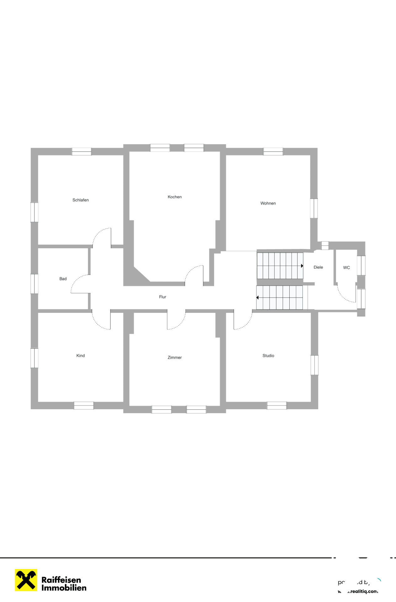 Grundriss eines weiteren Obergeschosses mit verschiedenen Zimmern, Küche und separatem WC.