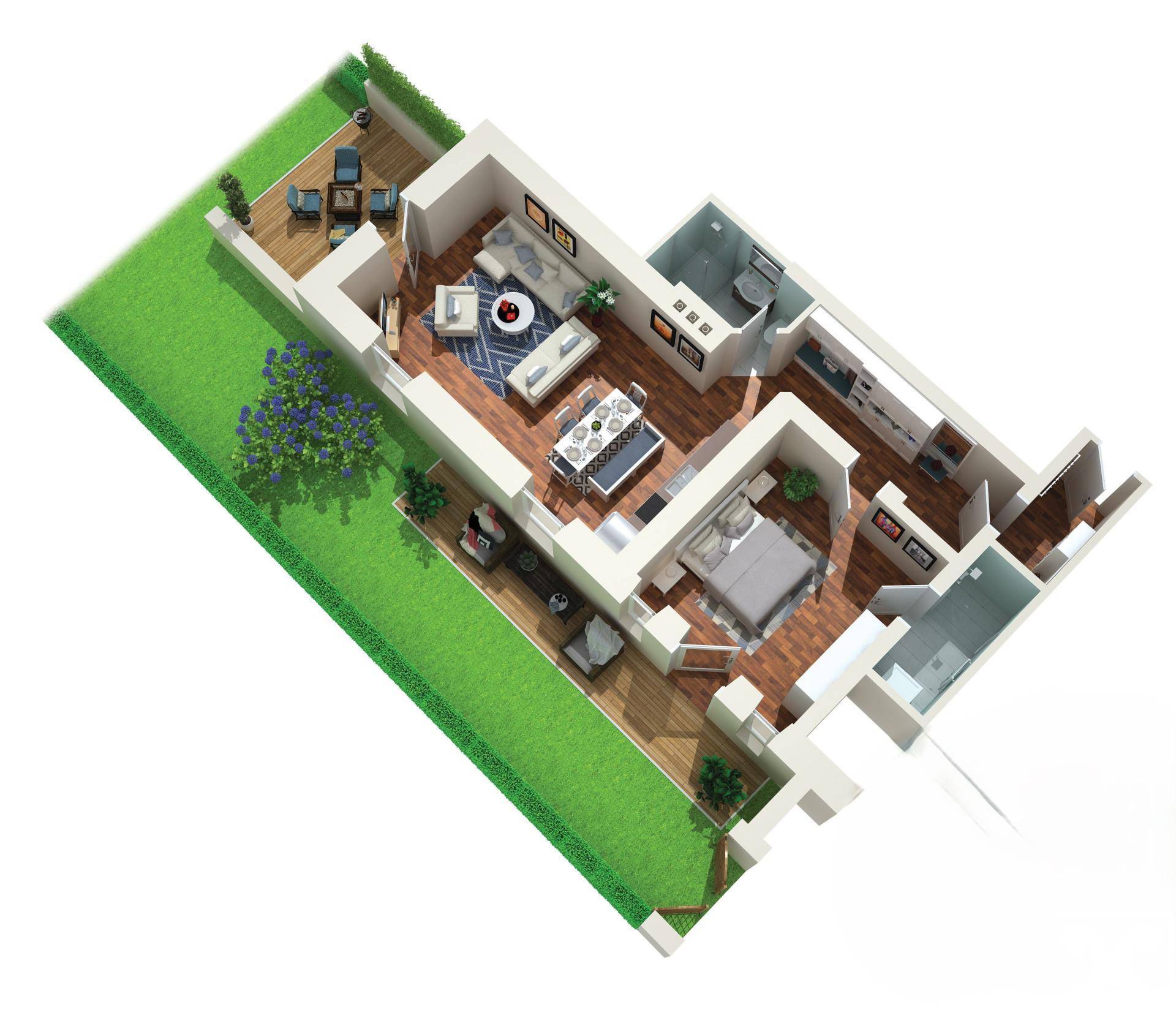 3D-Grundriss einer Wohnung mit offenem Wohnbereich, Schlafzimmer, Bad und Außenterrasse.