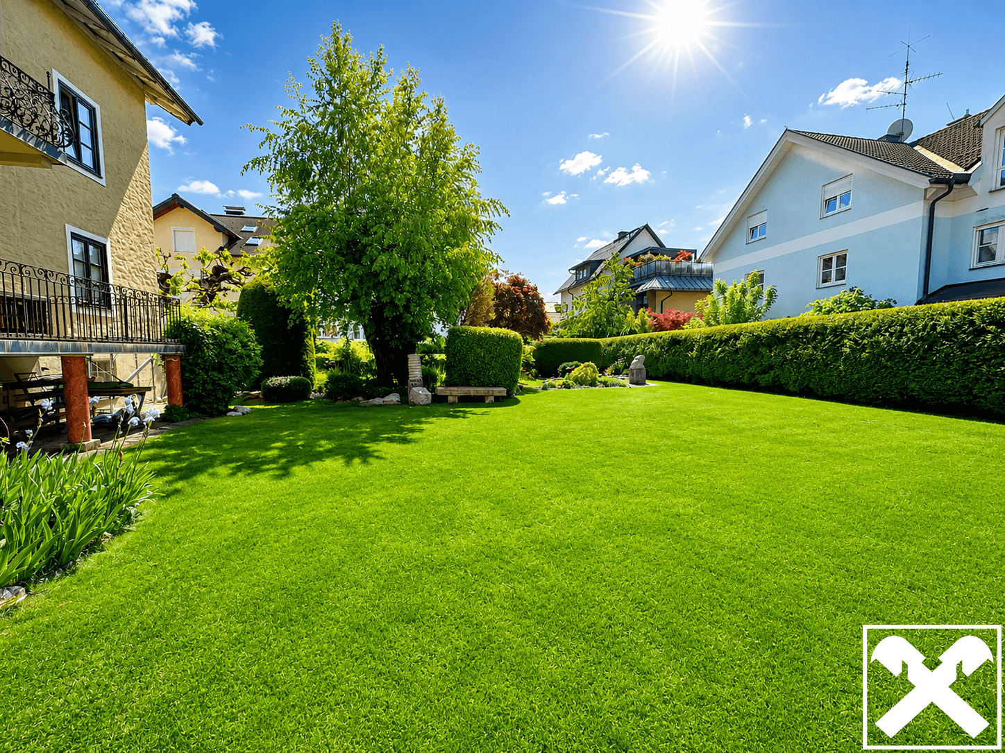 Sonniger Garten mit großer Rasenfläche und altem Baum, umgeben von gepflegten Hecken und Häusern.