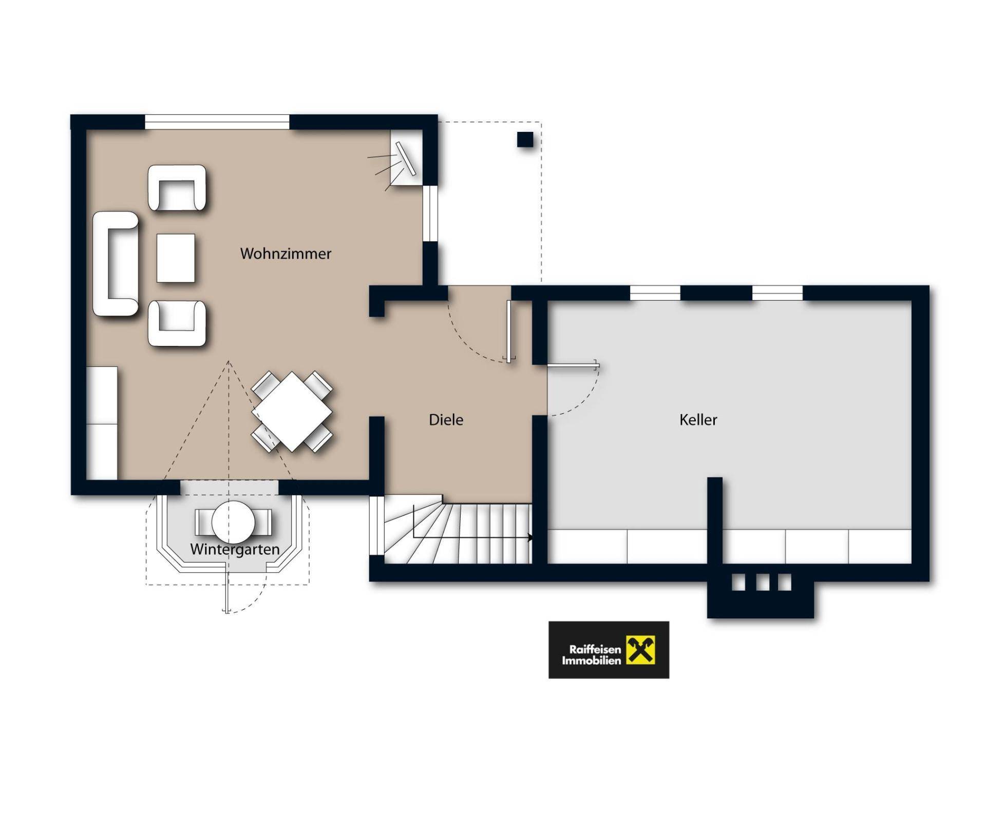 Grundriss des Erdgeschosses mit Wohnzimmer, Diele, Wintergarten und Kellerzugang.