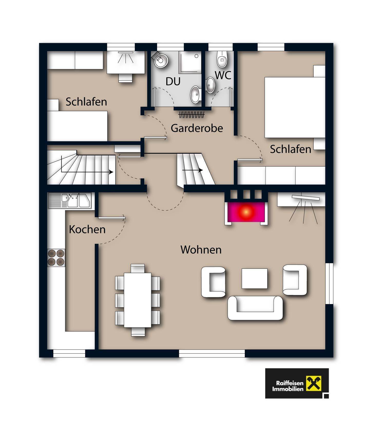 Grundriss des Obergeschosses mit zwei Schlafzimmern, Bad, WC und offenem Wohnbereich.