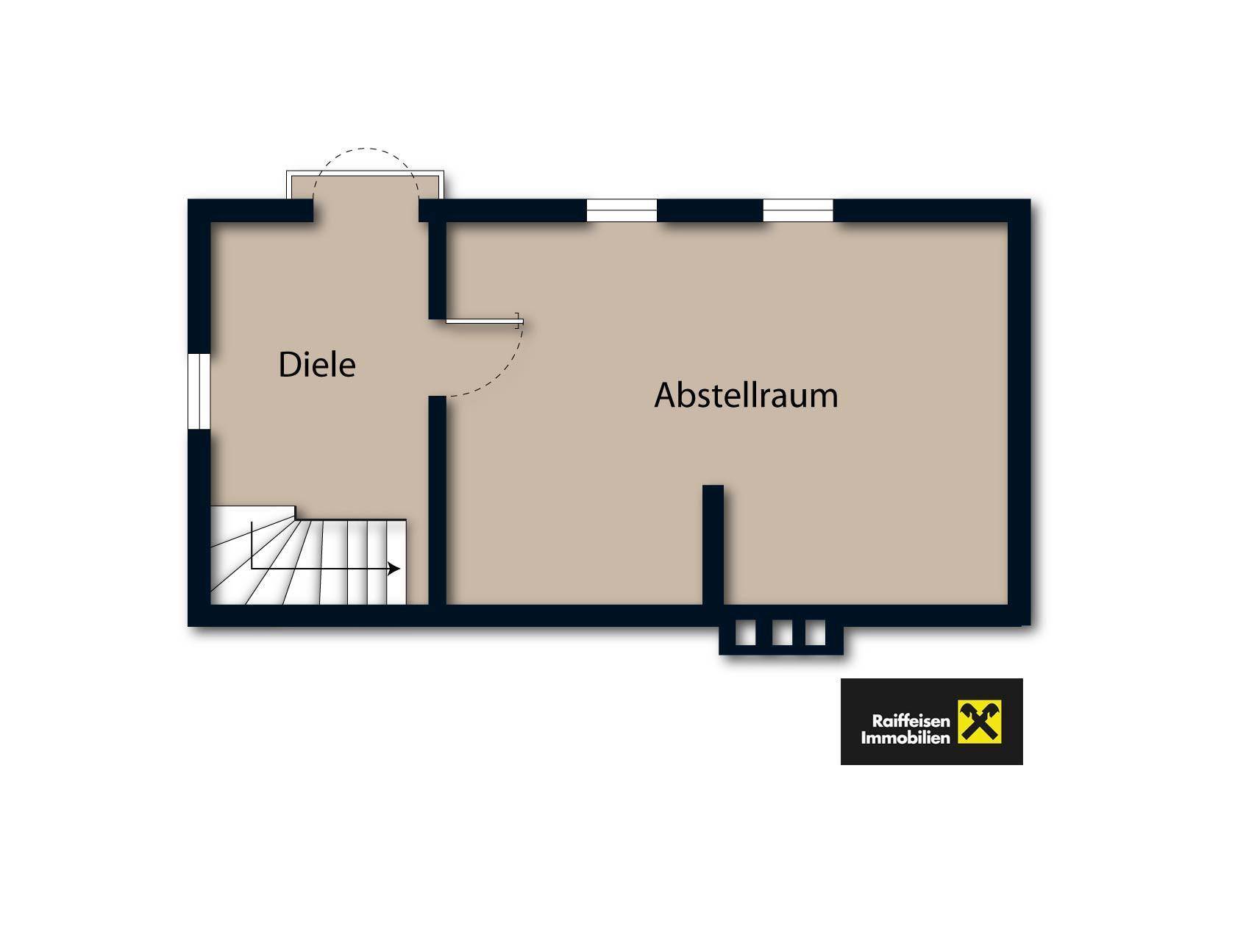 Grundriss des Untergeschosses mit Diele und großem Abstellraum.