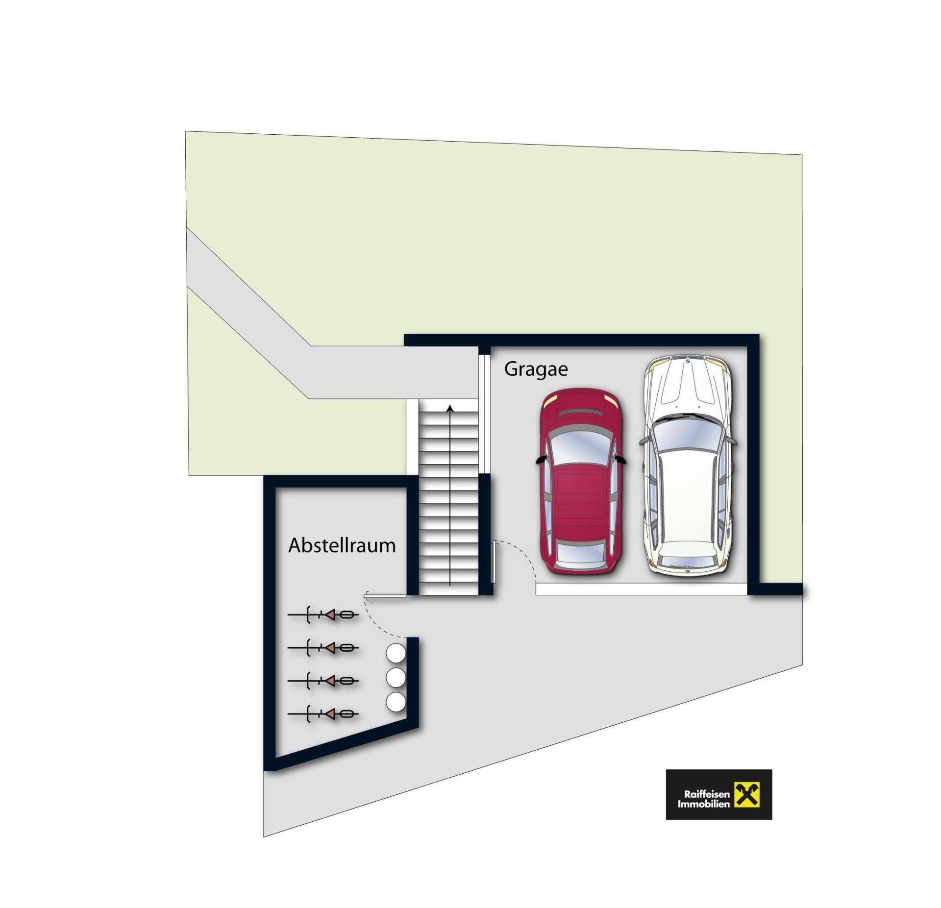 Grundriss des Untergeschosses mit Garage, Abstellraum und Fahrradabstellplatz.