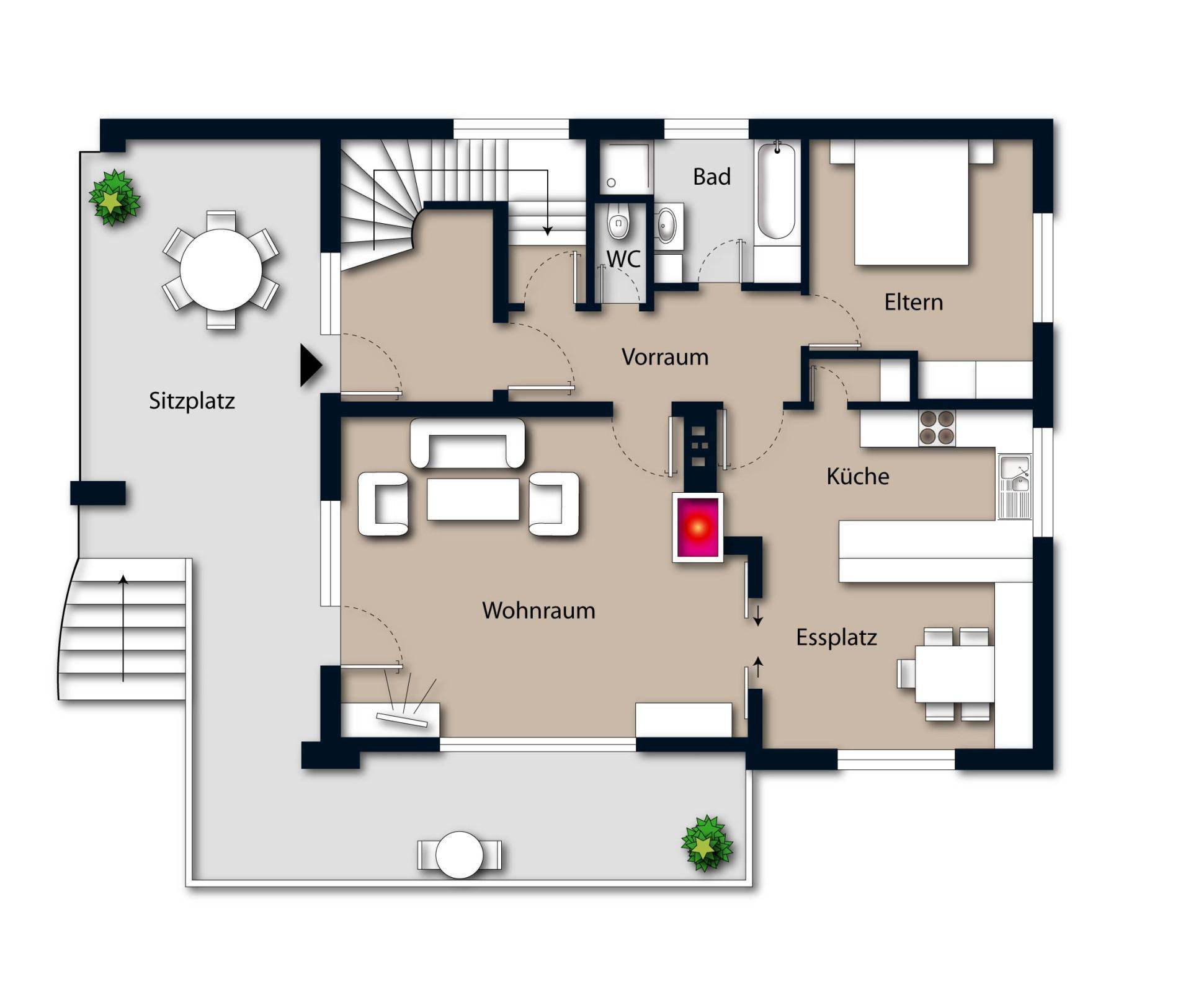 Grundriss des Erdgeschosses mit Wohnzimmer, Küche, Schlafzimmer und Terrasse.