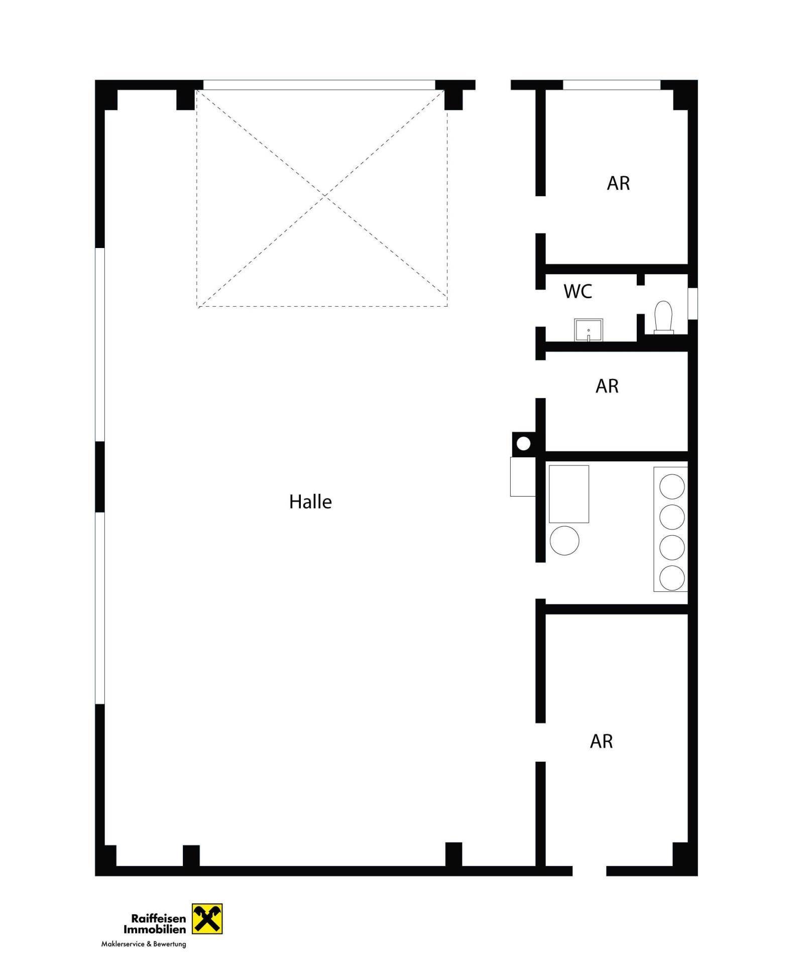 Grundrissplan zeigt eine große Halle mit mehreren Abstellräumen und einer separaten Toilette.