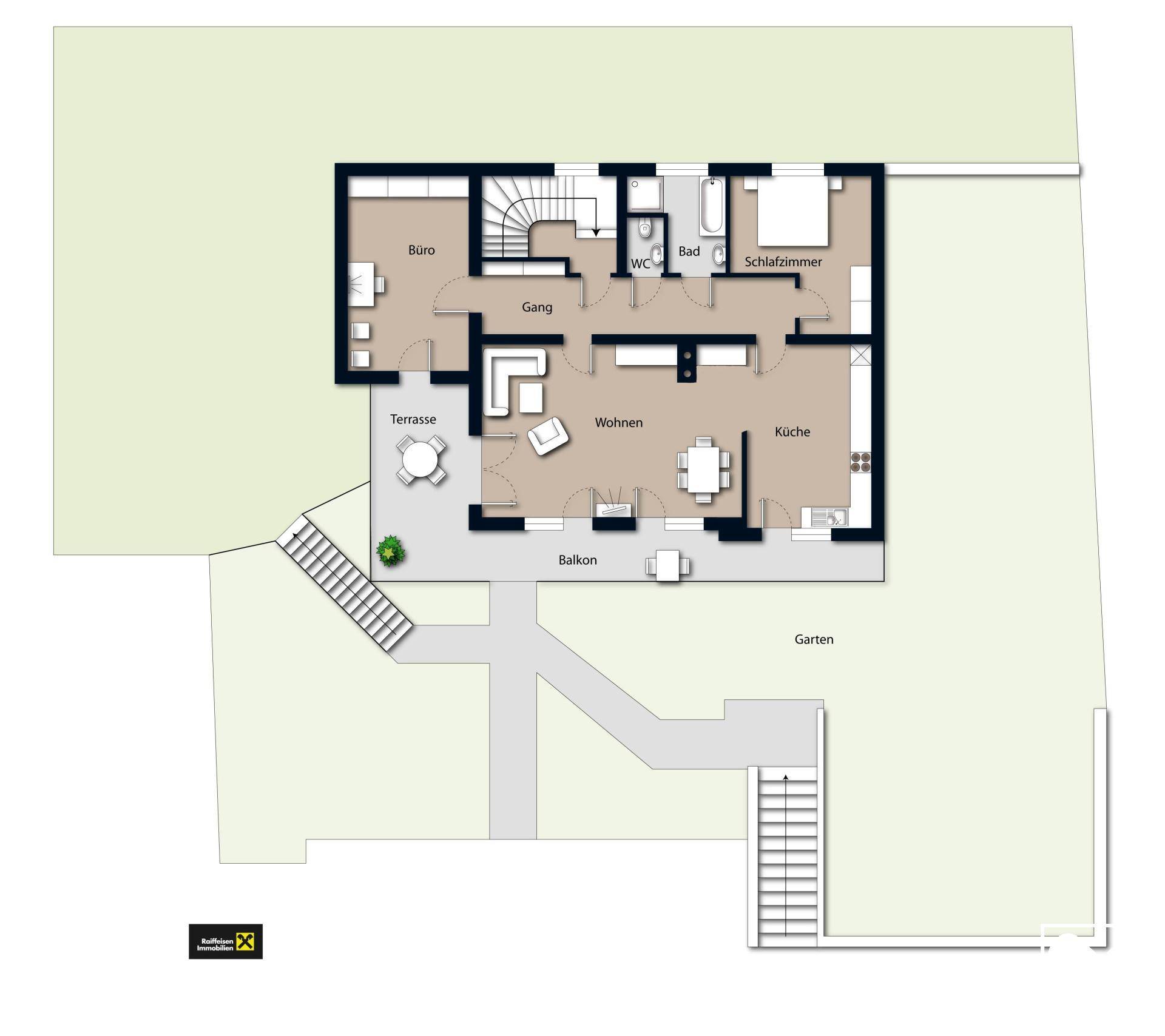 Grundriss des Obergeschosses mit Wohnbereich, Küche, Schlafzimmer und Zugang zu Garten und Balkon.