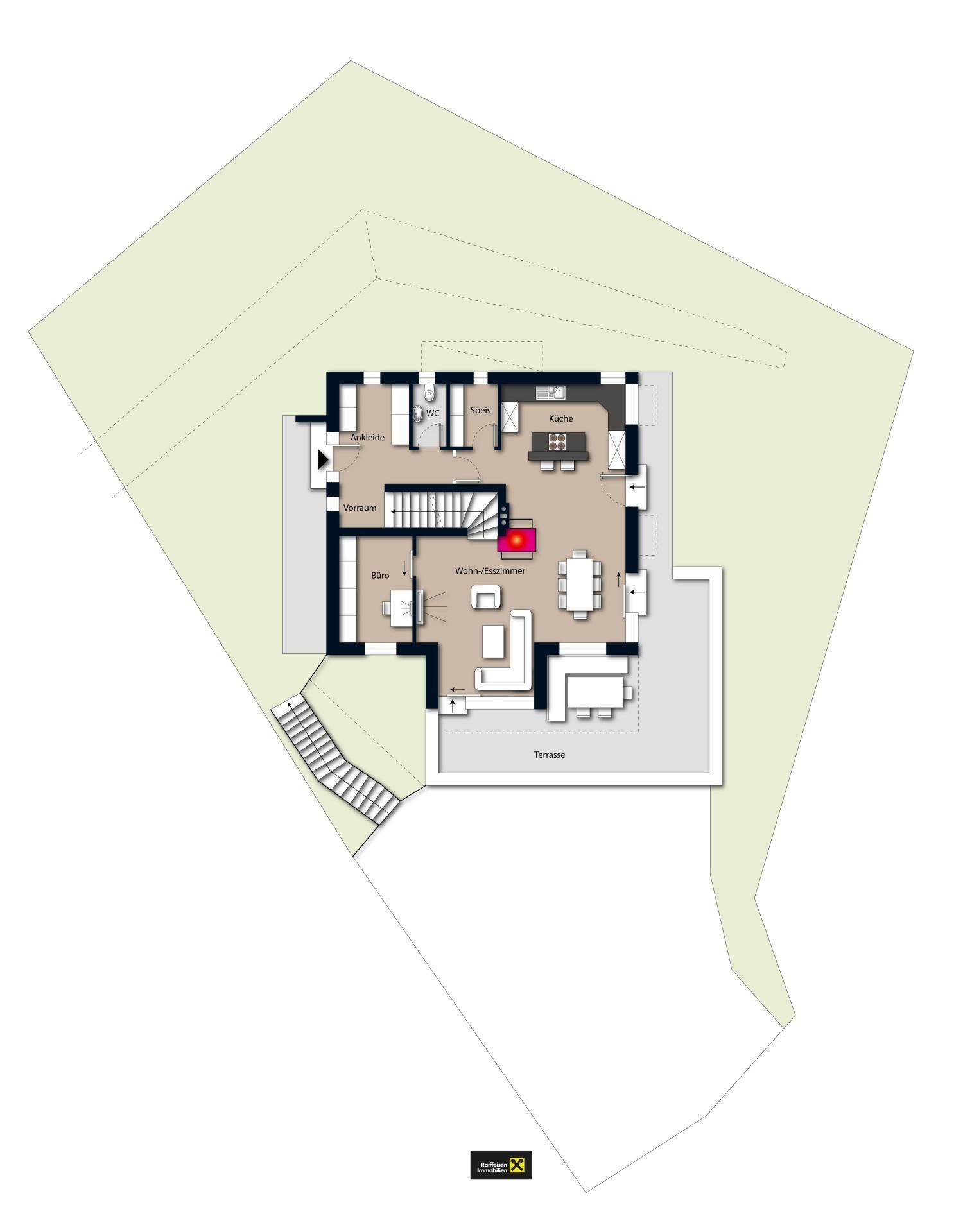 Grundriss des Erdgeschosses mit offenem Wohn-Essbereich, Küche, Büro und großer Terrasse.