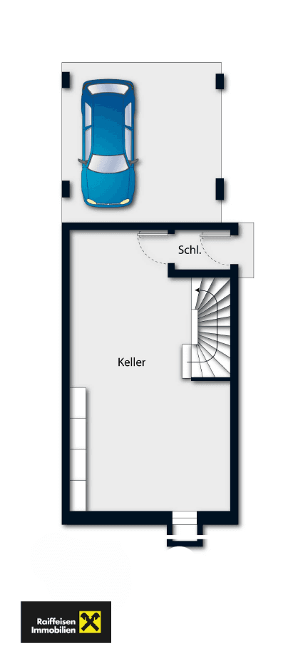 Grundriss des Kellergeschosses mit Abstellraum und integrierter Garage.
