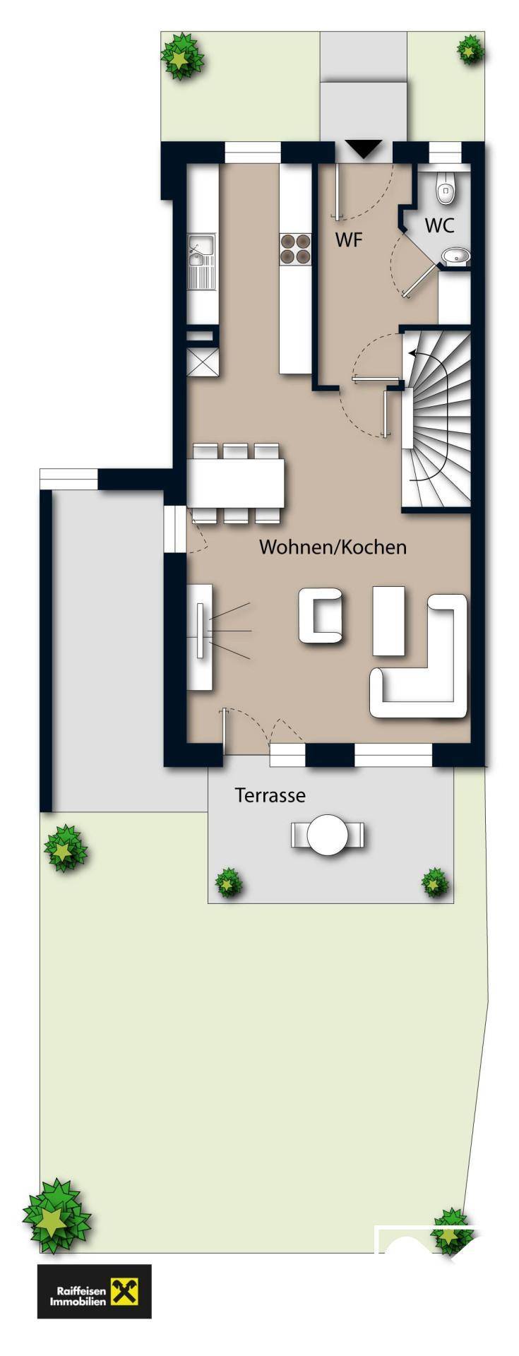 Grundriss des Erdgeschosses mit offenem Wohn-/Kochbereich und Terrasse.