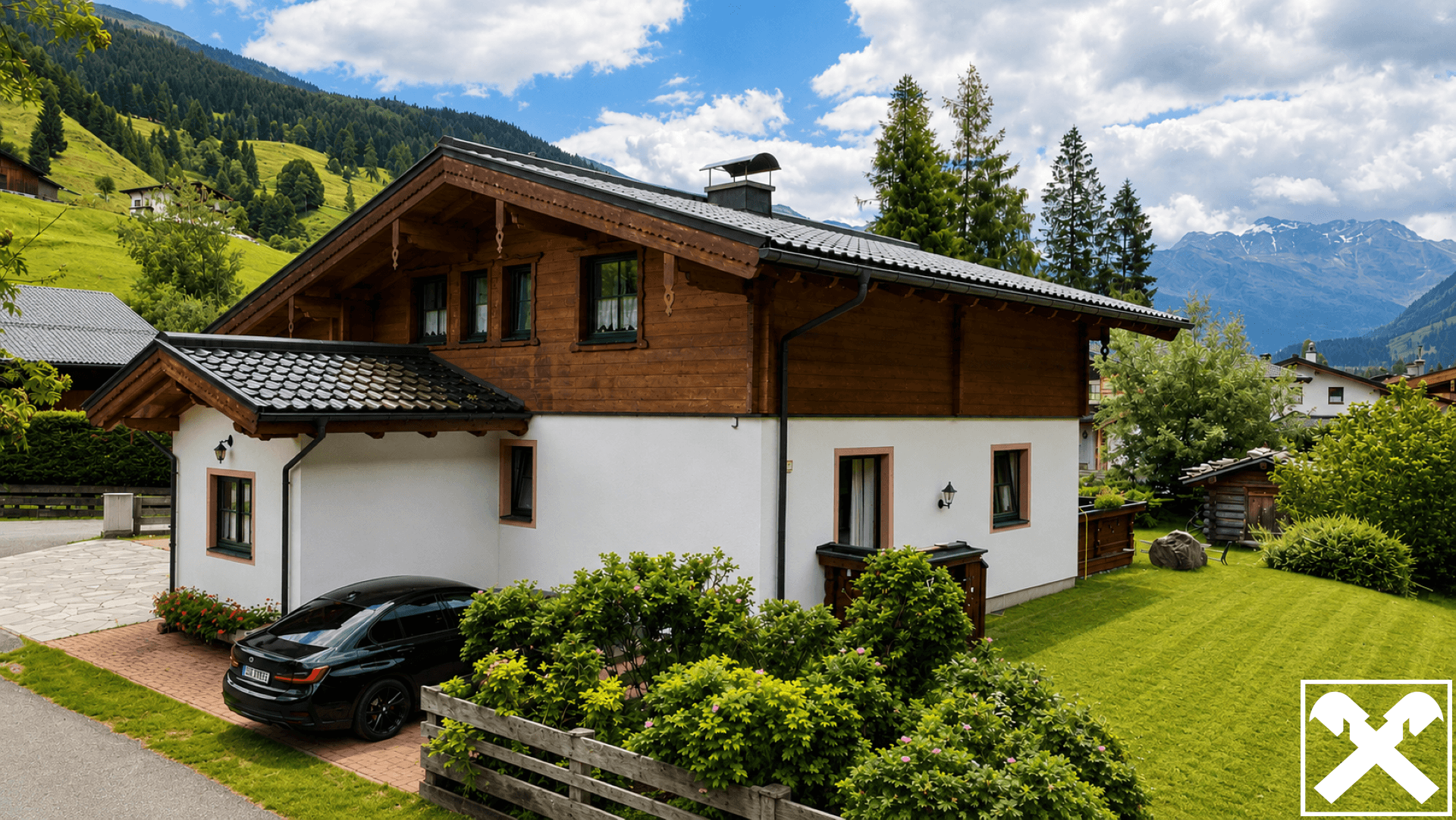 Alpenhaus mit Holzbalkonen und gepflegtem Garten, umgeben von grünen Hügeln und schneebedeckten Bergen.