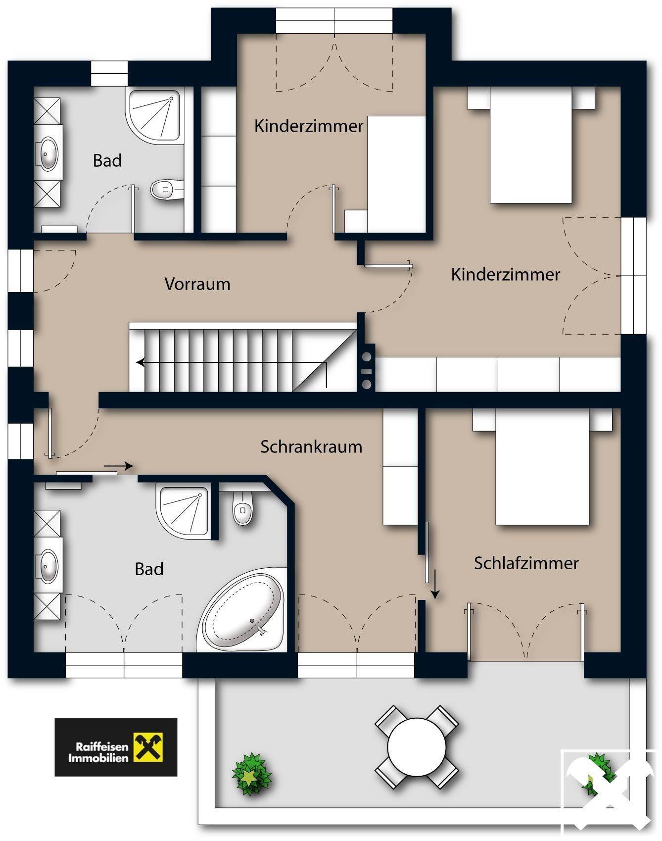 Grundriss des Obergeschosses mit drei Schlafzimmern, zwei Bädern und einem Balkon.