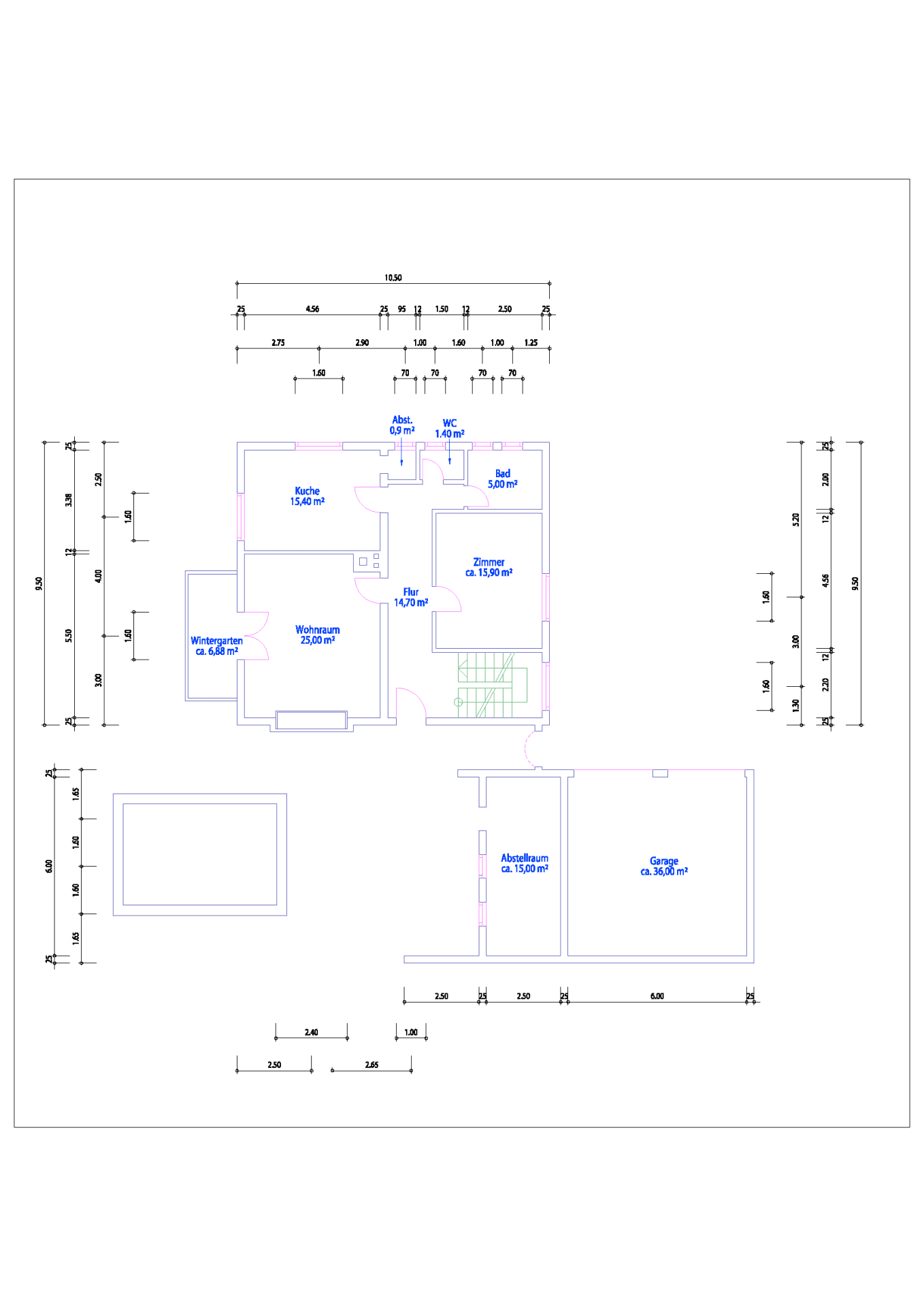Grundriss des Erdgeschosses mit Küche, Wohnraum, Wintergarten, WC und Garage.