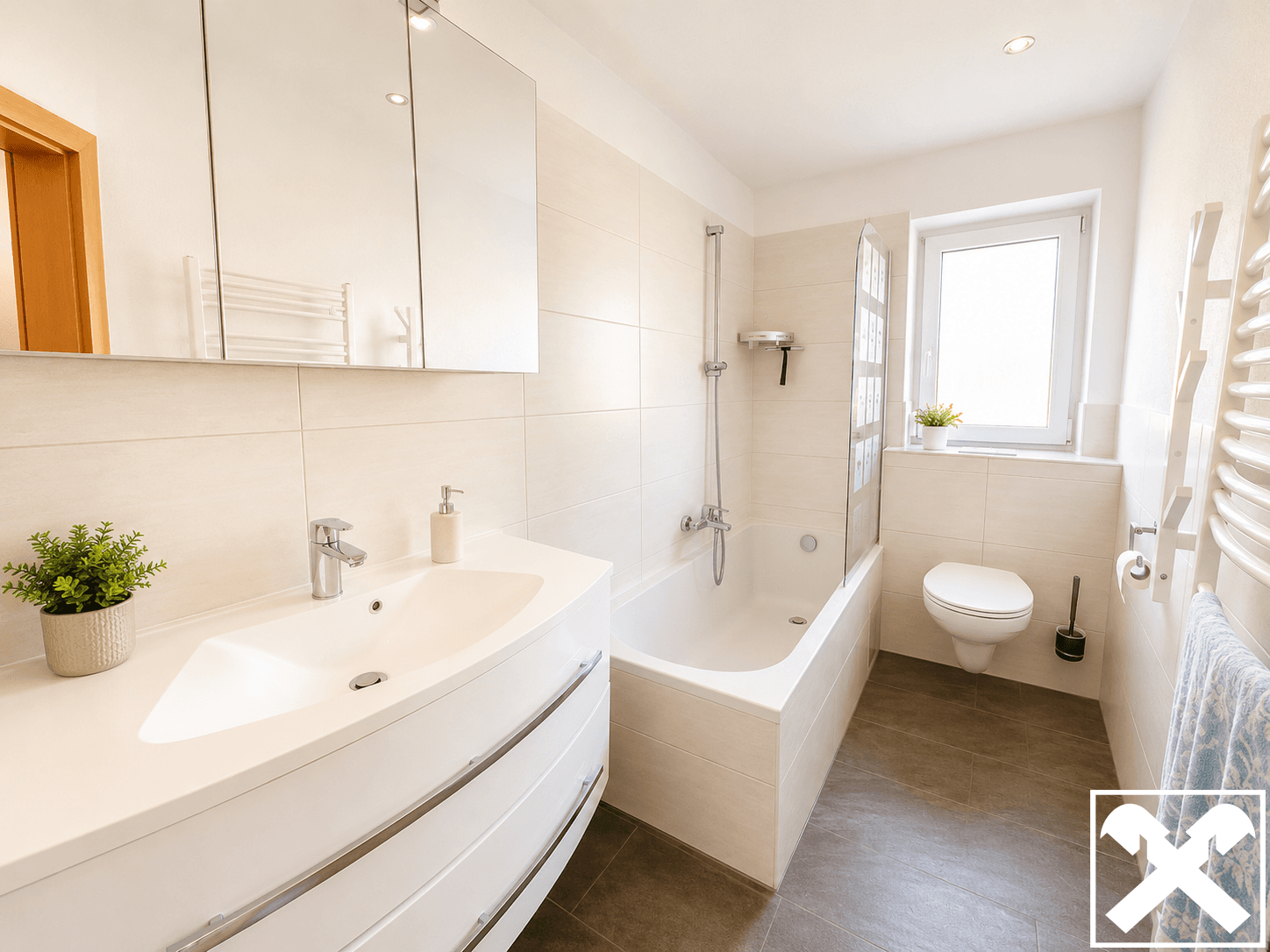 Modernes Badezimmer mit Badewanne, Einzelwaschbecken und Fenster für Tageslicht.