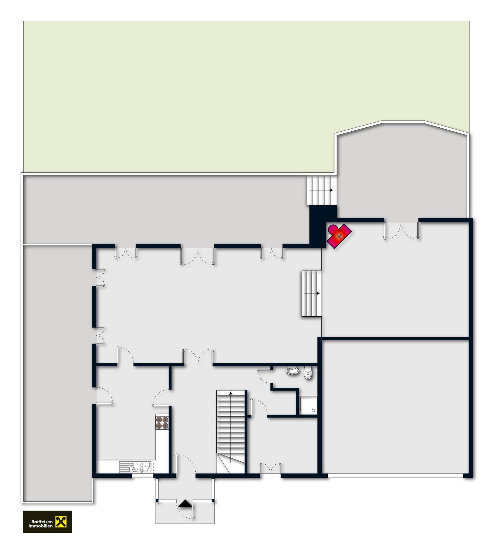 Grundriss des Erdgeschosses mit offener Raumaufteilung, Küche, Wohnbereich und Zugang zu Terrasse und Garten.