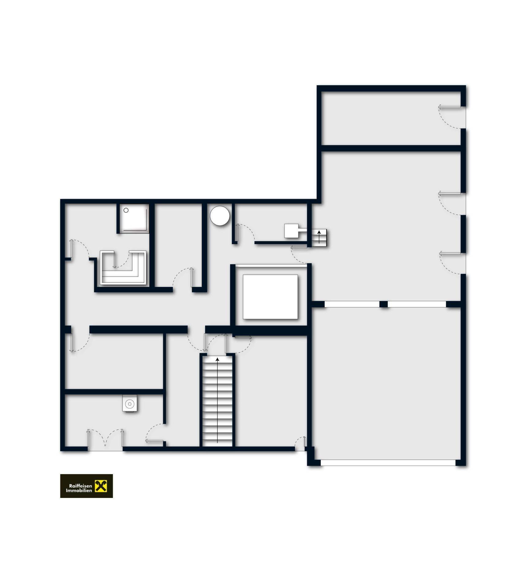 Grundriss des Dachgeschosses mit Schlafzimmern und Badezimmern, ideal für zusätzlichen Wohnraum.