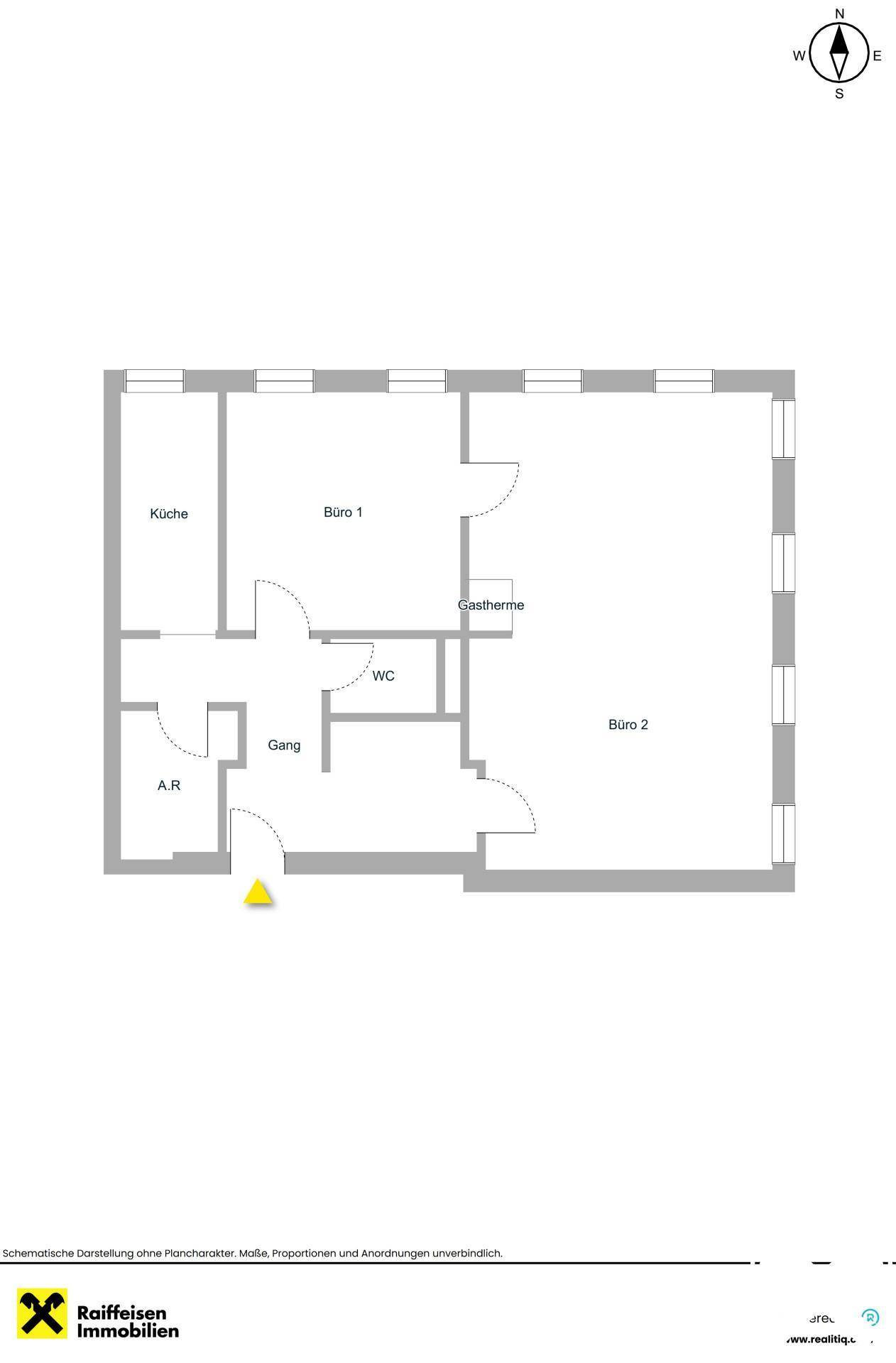 Grundriss einer Gewerbefläche mit zwei Büros, Küche, WC und Abstellraum.