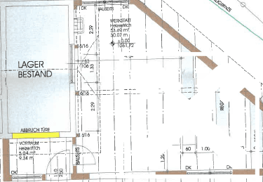 Detaillierter Ausschnitt eines Bauplans mit Lagerflächen und Werkstattbereichen.